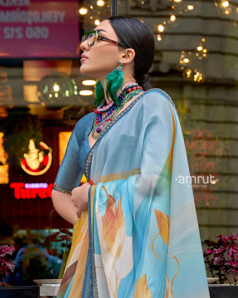 Light Teal and Peach Abstract Floral Print Saree with Silver Embellished Border and Unstitched Blouse - Image 2