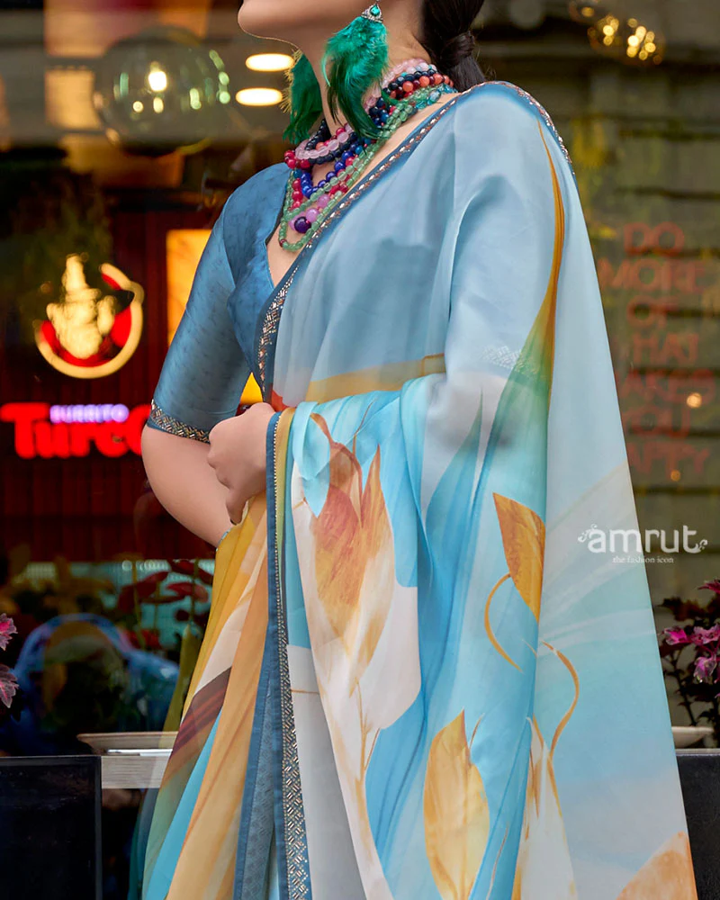 Light Teal and Peach Abstract Floral Print Saree with Silver Embellished Border and Unstitched Blouse - Image 3