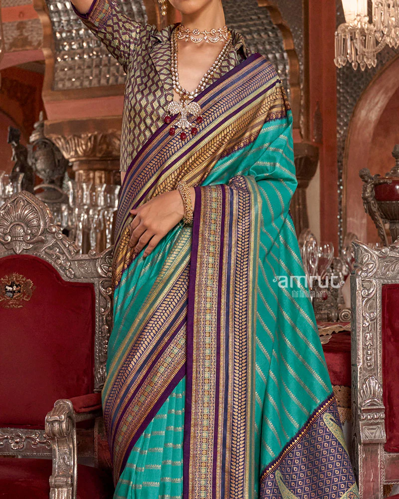 Light Teal Kanjivaram Silk Saree with Unstitched Blouse - Image 3