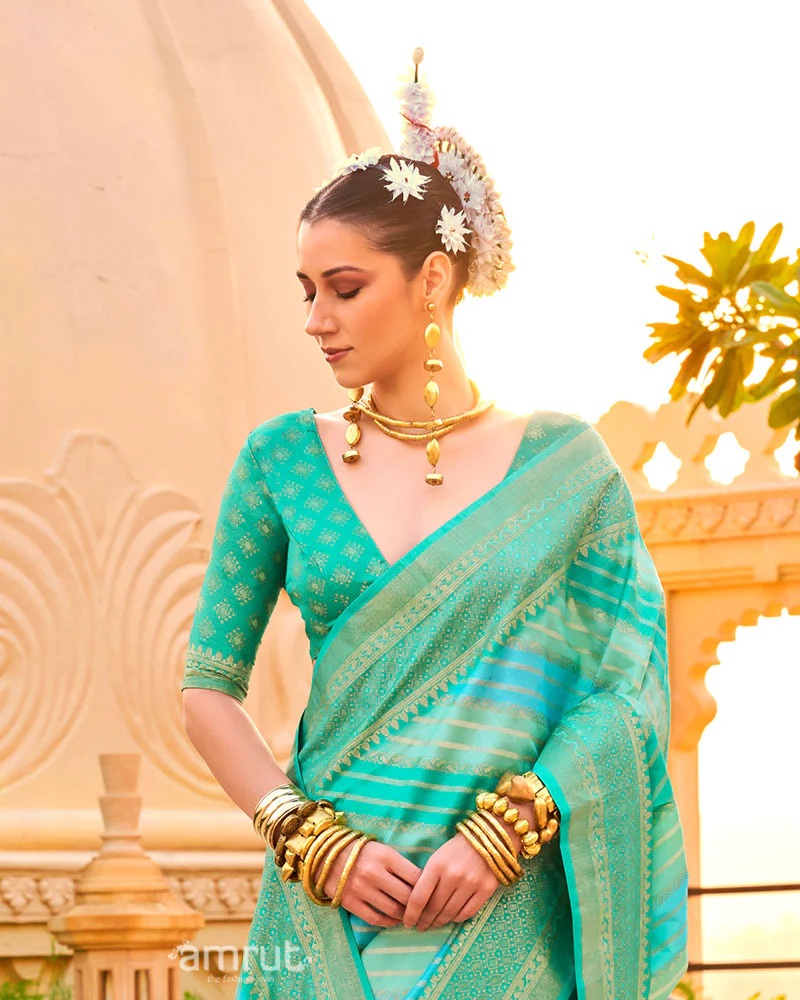 Light Teal Printed Silk Saree with Unstitched Blouse - Image 2