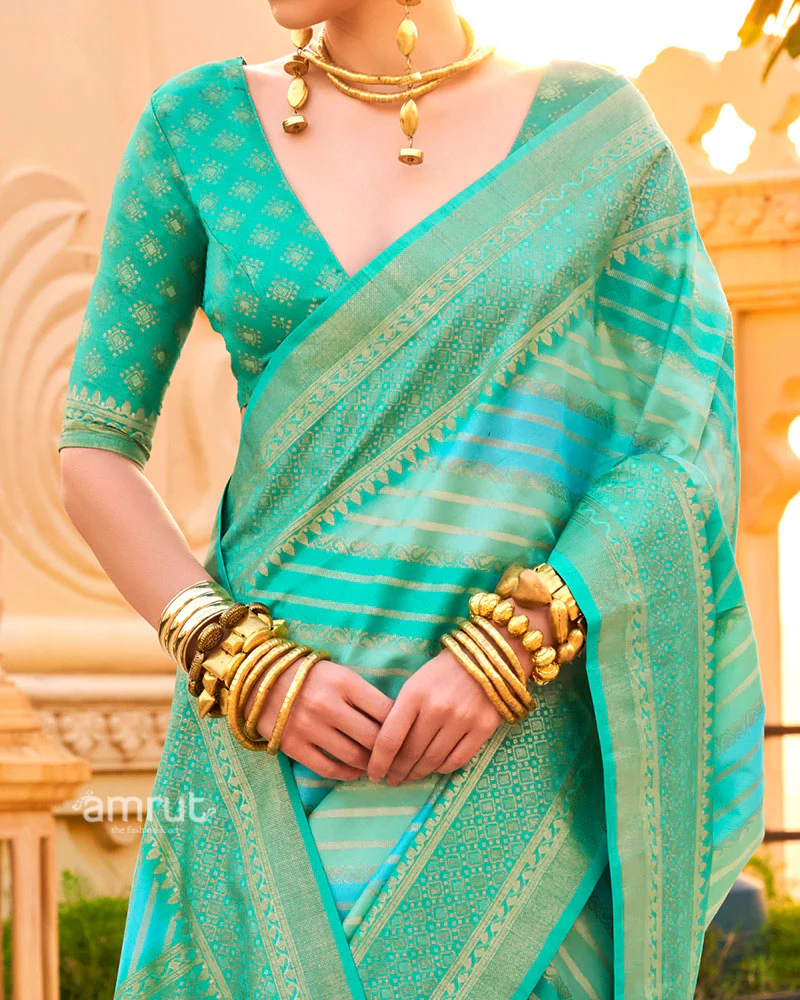 Light Teal Printed Silk Saree with Unstitched Blouse - Image 3