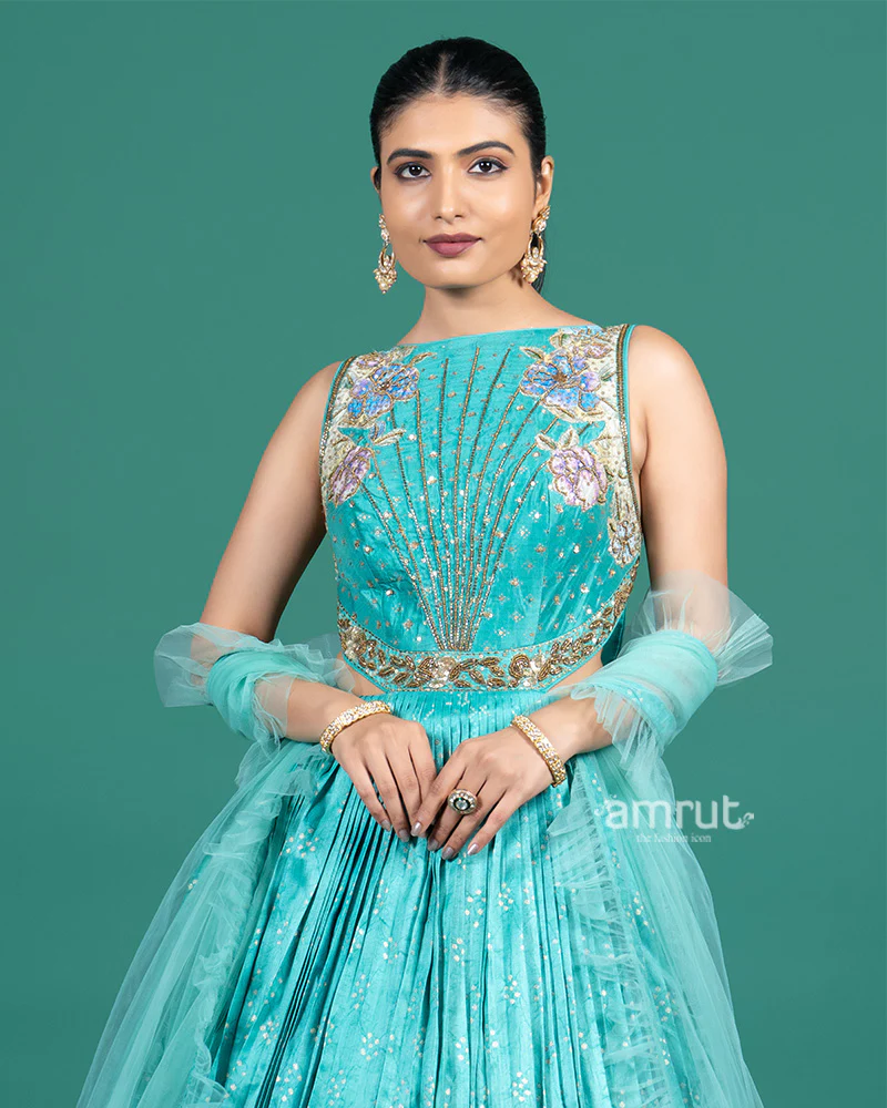 Light Teal Printed Tiered Gown with Dupatta - Image 2