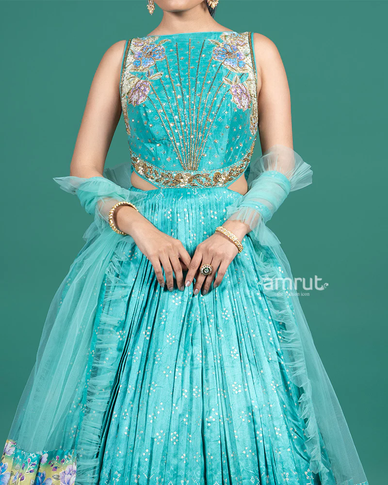 Light Teal Printed Tiered Gown with Dupatta - Image 3