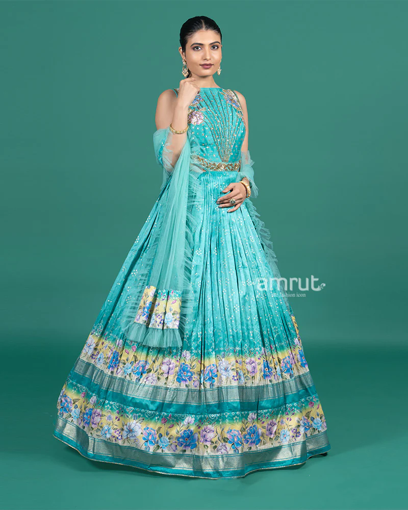Light Teal Printed Tiered Gown with Dupatta - Image 4