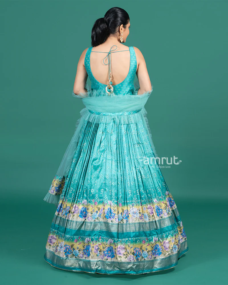 Light Teal Printed Tiered Gown with Dupatta - Image 5