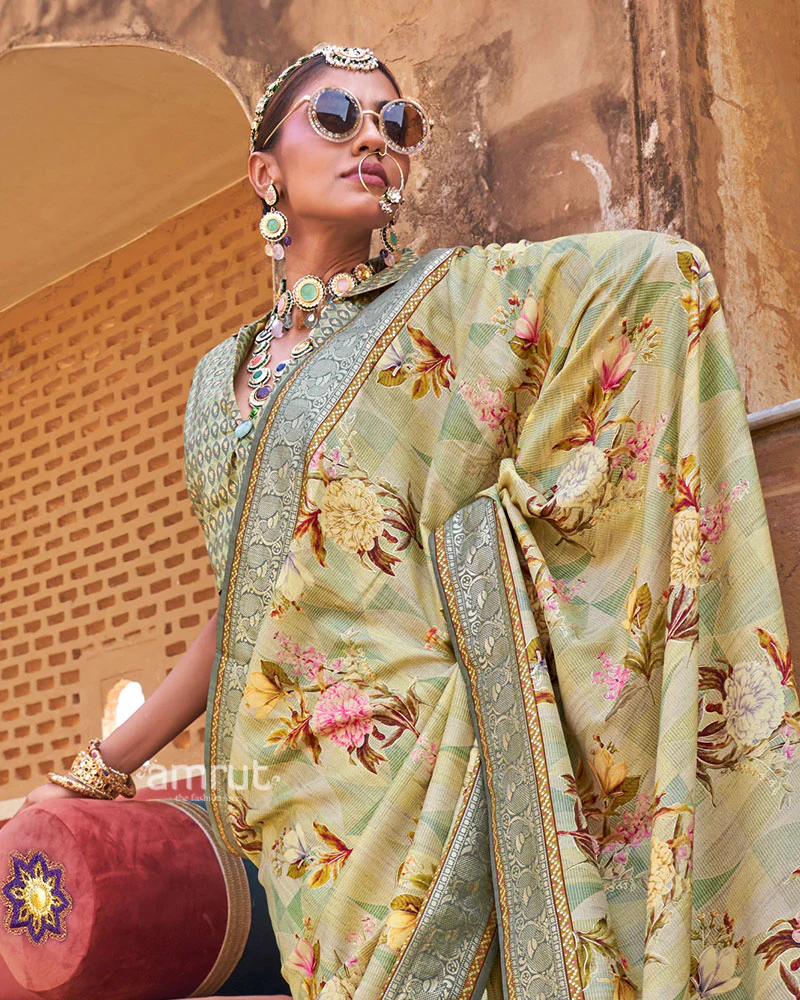 Light Yellow Floral Printed Silk Saree with Unstitched Blouse - Image 2