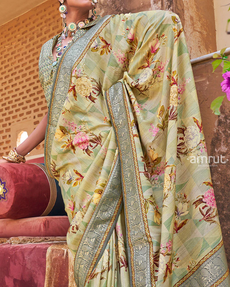 Light Yellow Floral Printed Silk Saree with Unstitched Blouse - Image 3