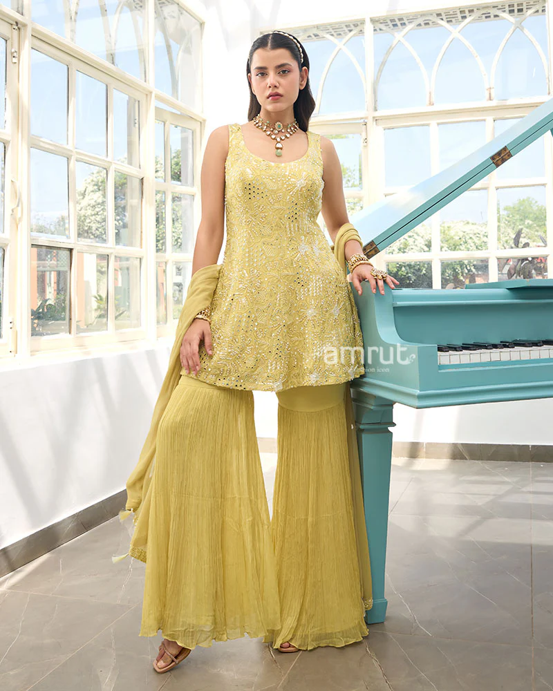 Light Yellow Kurti and Sharara Set - Image 3