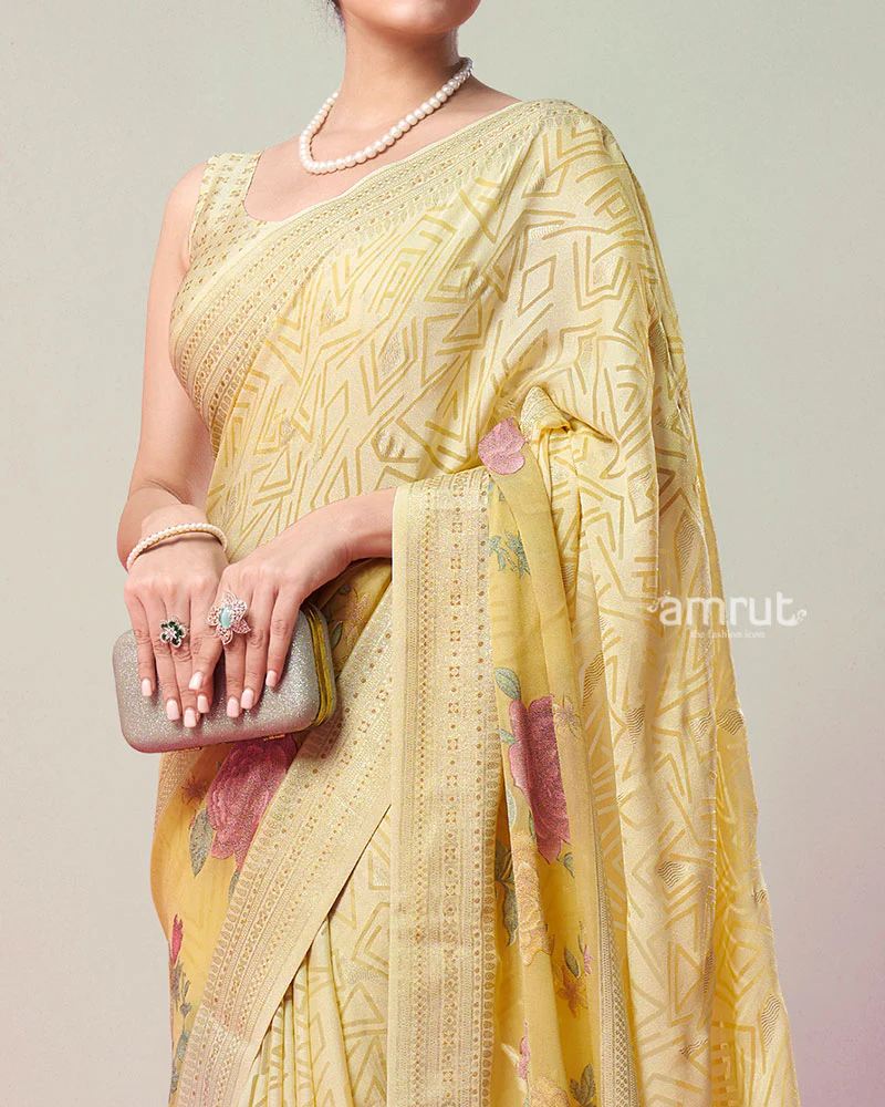 Light Yellow Printed Saree with Unstitched Blouse - Image 3