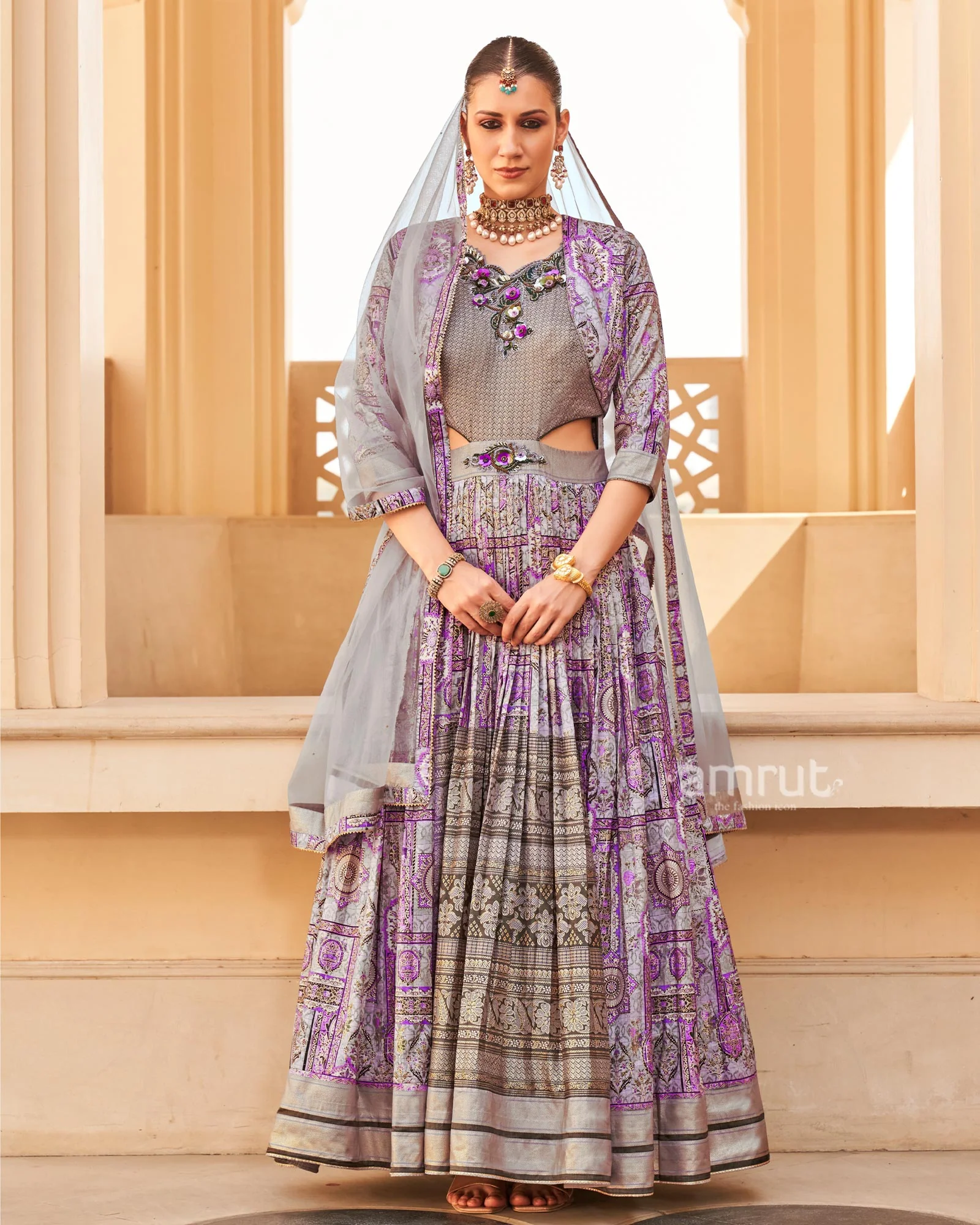 Lilac Anarkali Dress and Men Blue Kurta Set with Printed Coat - Image 3