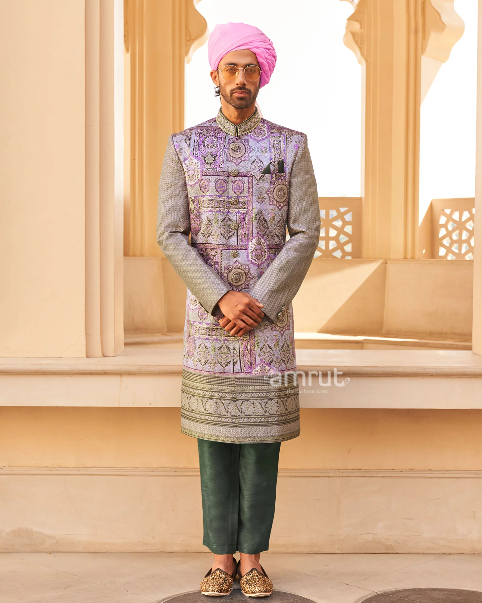 Lilac Anarkali Dress and Men Blue Kurta Set with Printed Coat - Image 4