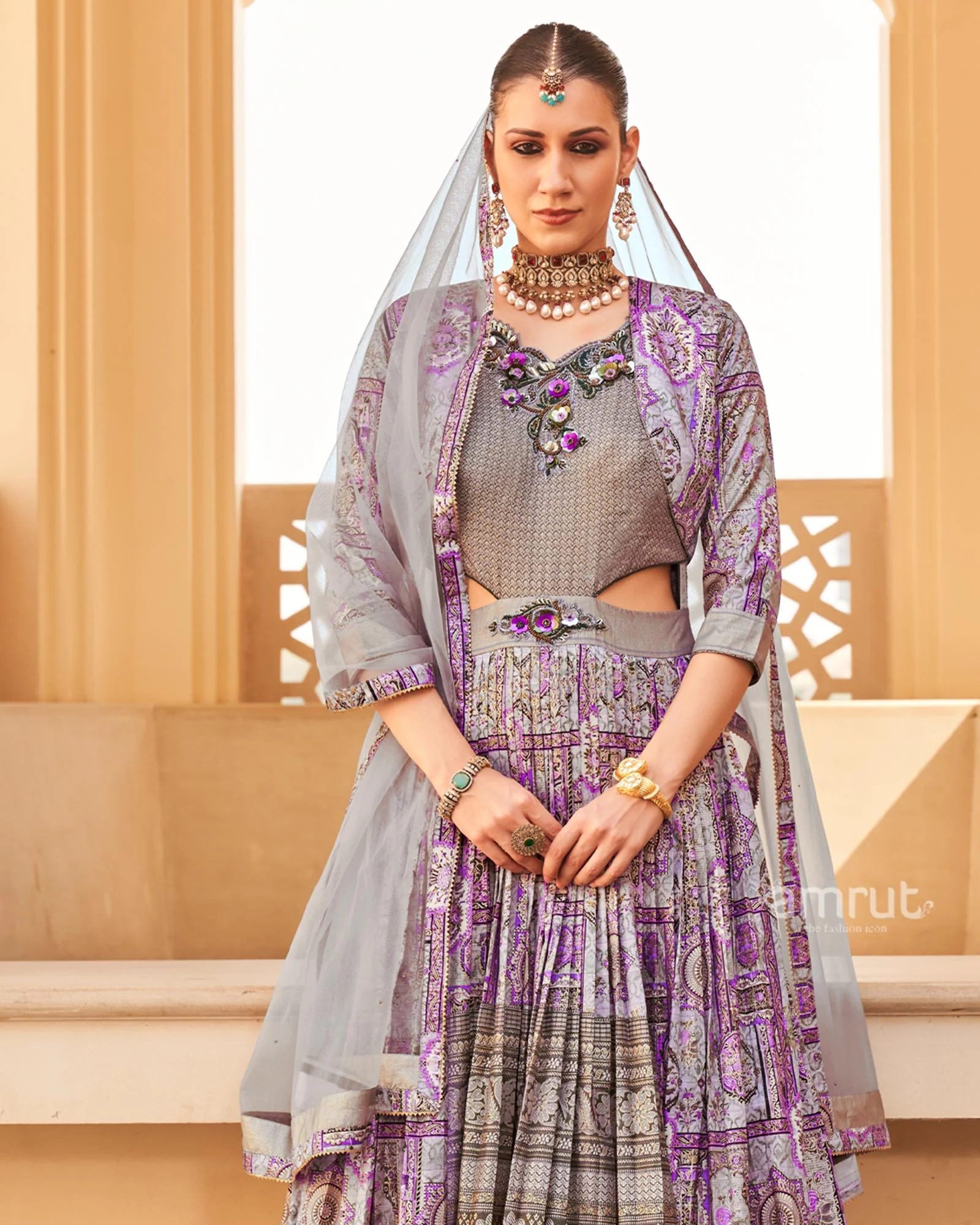 Lilac Anarkali Dress and Men Blue Kurta Set with Printed Coat - Image 5
