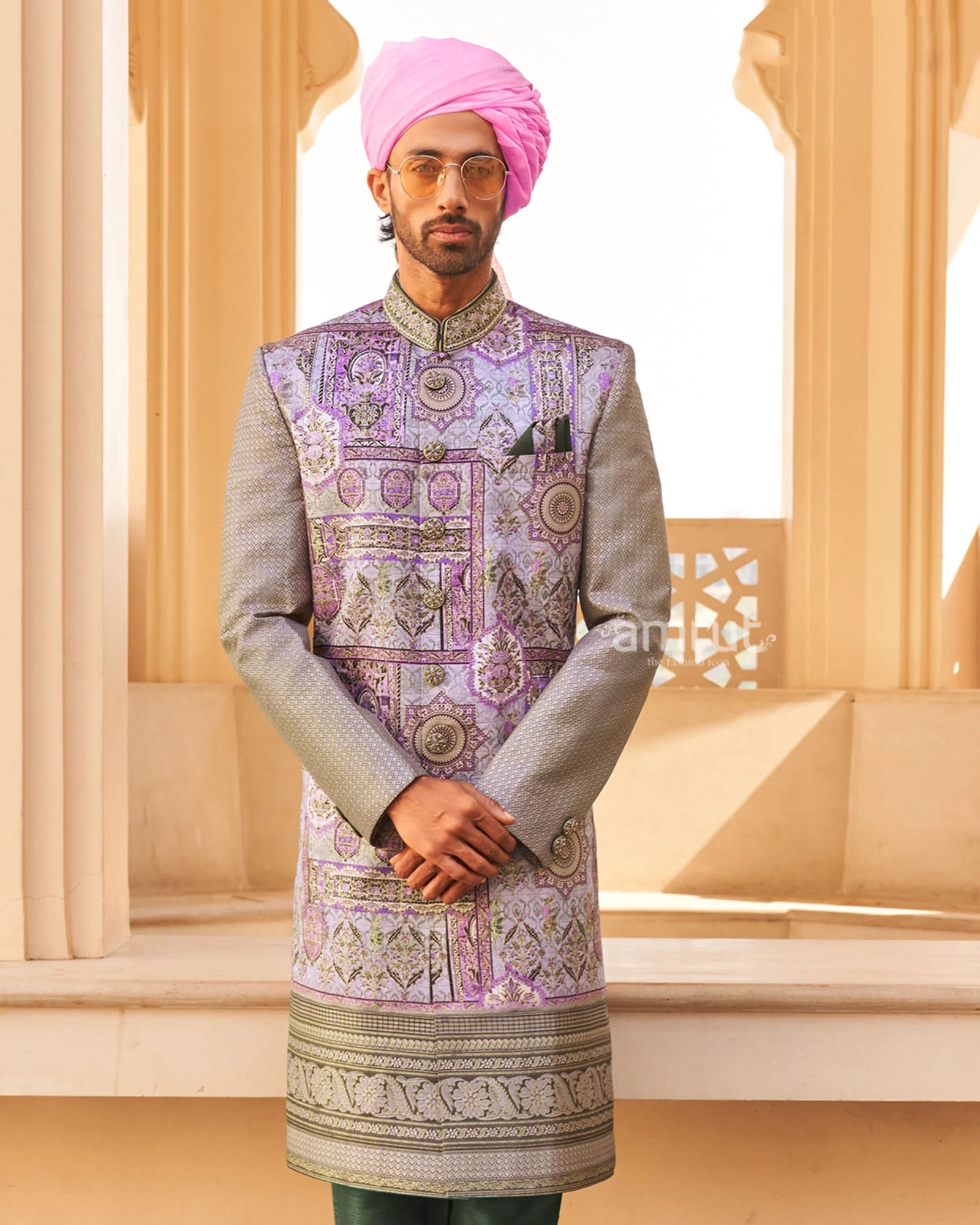 Lilac Anarkali Dress and Men Blue Kurta Set with Printed Coat - Image 6