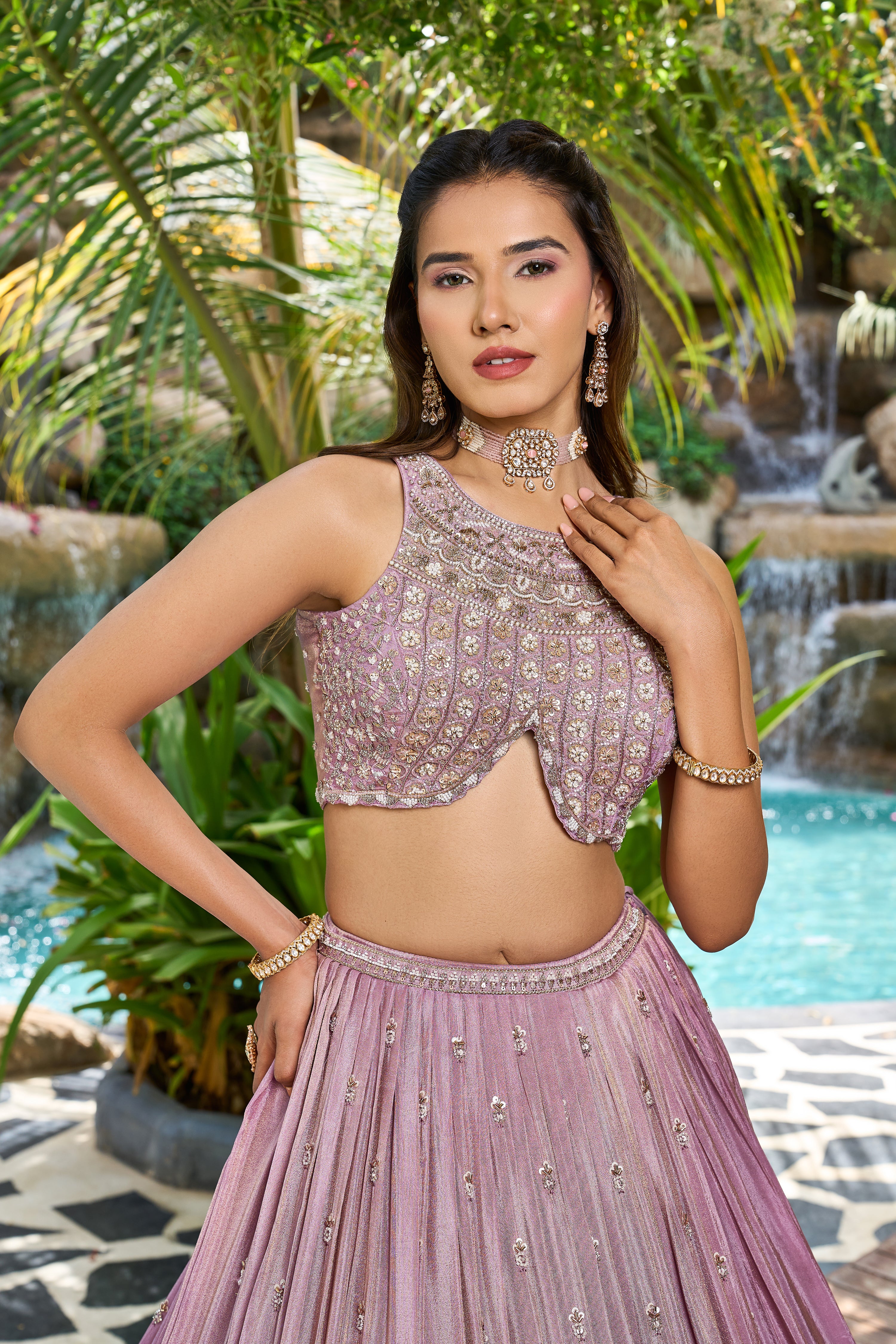 Lilac Designer Lehenga Set with Cutwork Blouse & Heavy Embroidered Skirt - Image 2