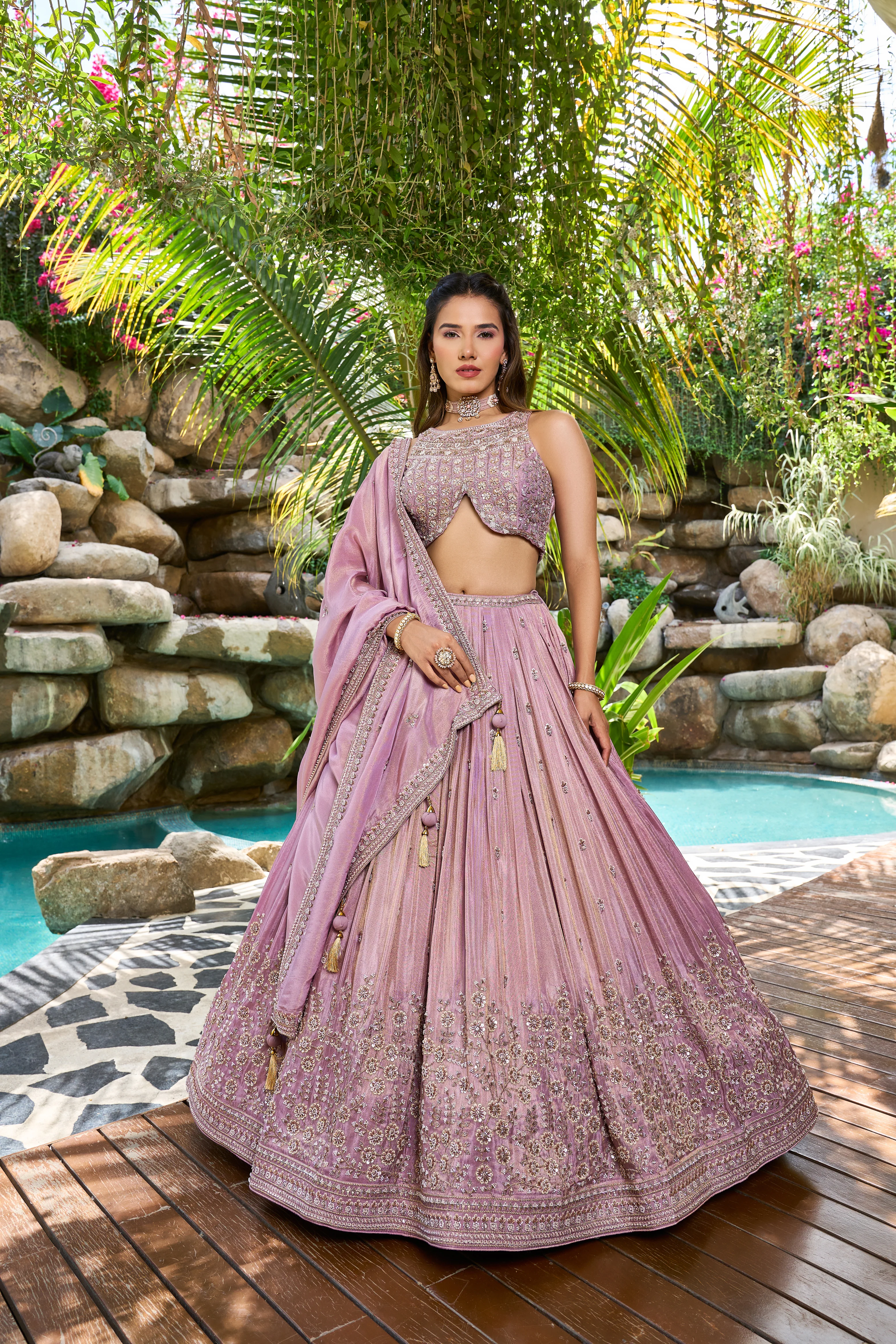 Lilac Designer Lehenga Set with Cutwork Blouse & Heavy Embroidered Skirt - Image 3