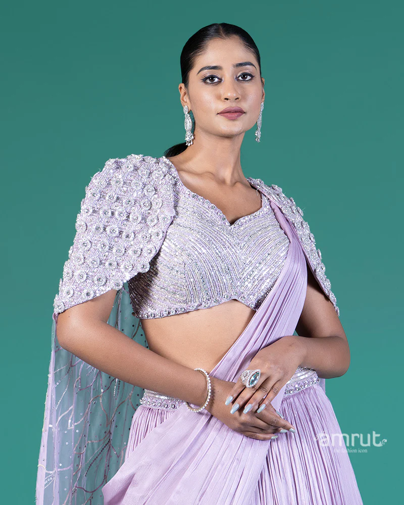Lilac Pleated Lehenga Embellished Choli with Cape Overlay - Image 2