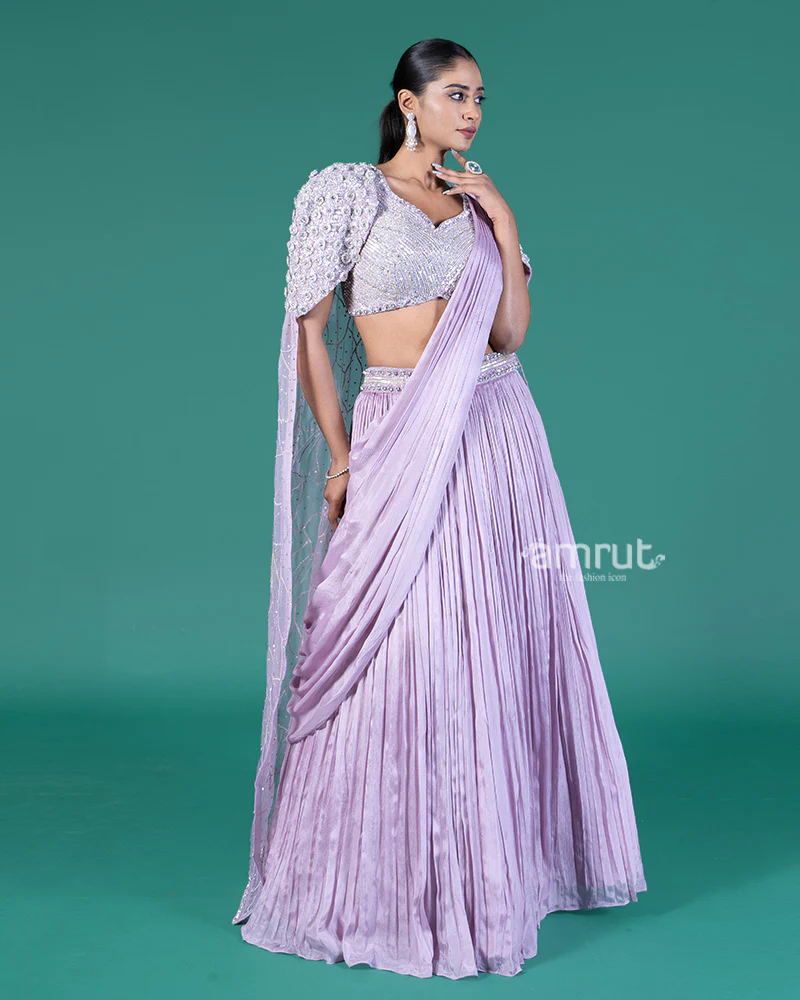 Lilac Pleated Lehenga Embellished Choli with Cape Overlay - Image 4