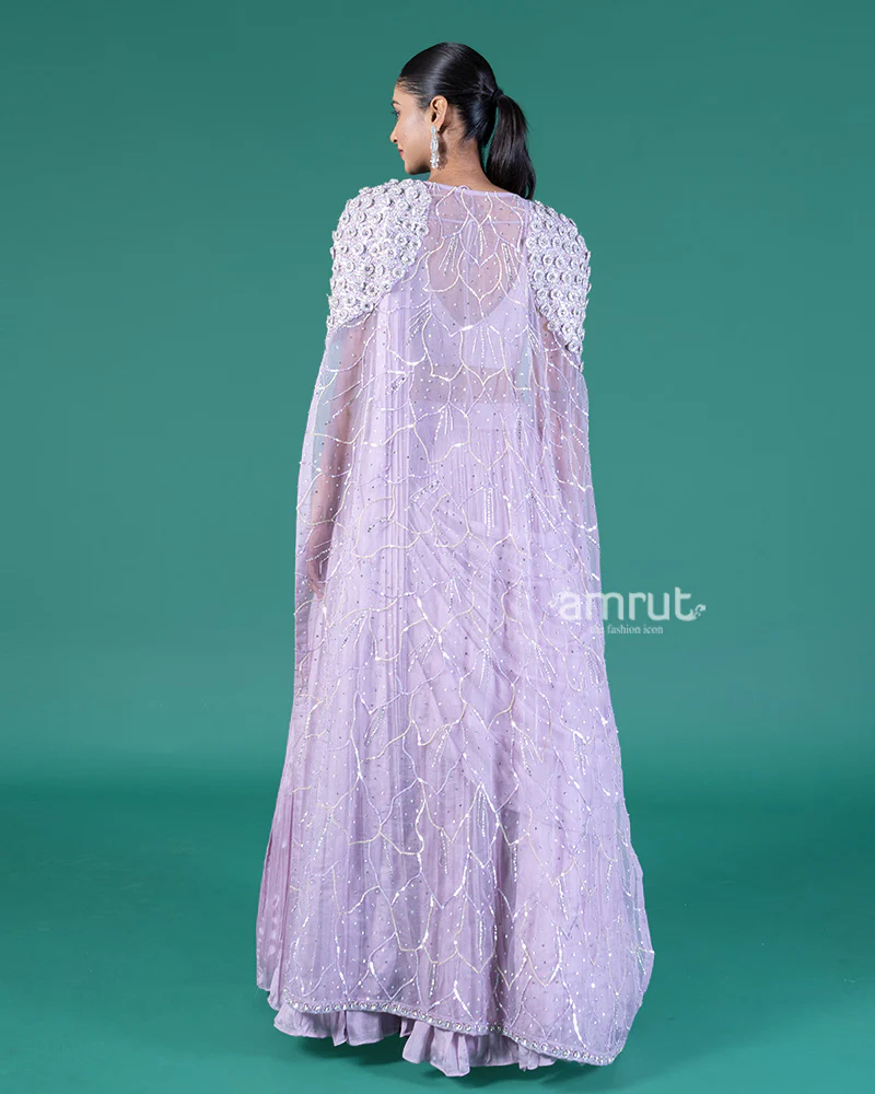 Lilac Pleated Lehenga Embellished Choli with Cape Overlay - Image 5