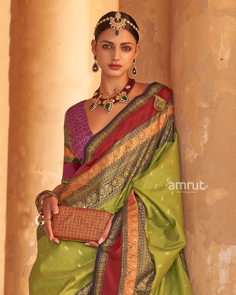 Lime Green and Maroon Dual-Tone Borders Printed Patola Silk Saree with Unstitched Blouse - Image 2