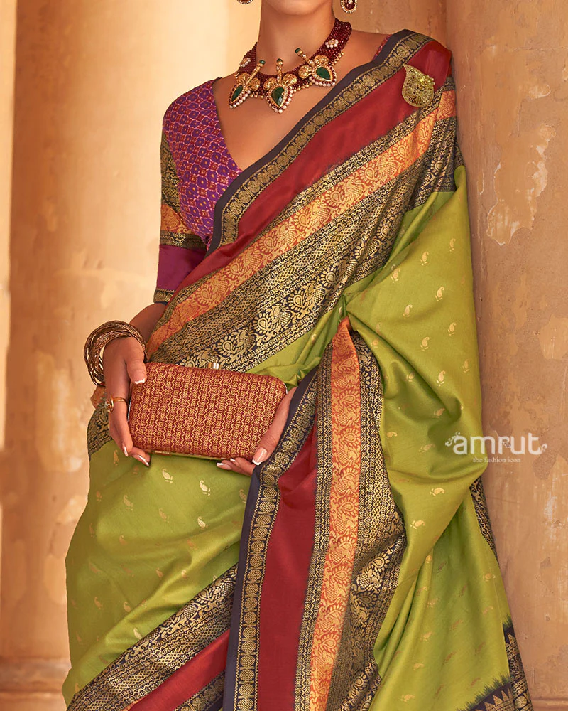 Lime Green and Maroon Dual-Tone Borders Printed Patola Silk Saree with Unstitched Blouse - Image 3