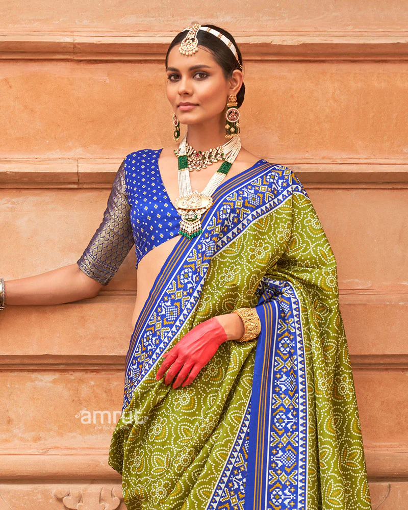 Lime Green and Royal Blue Printed Traditional Saree with Unstitched Blouse - Image 2