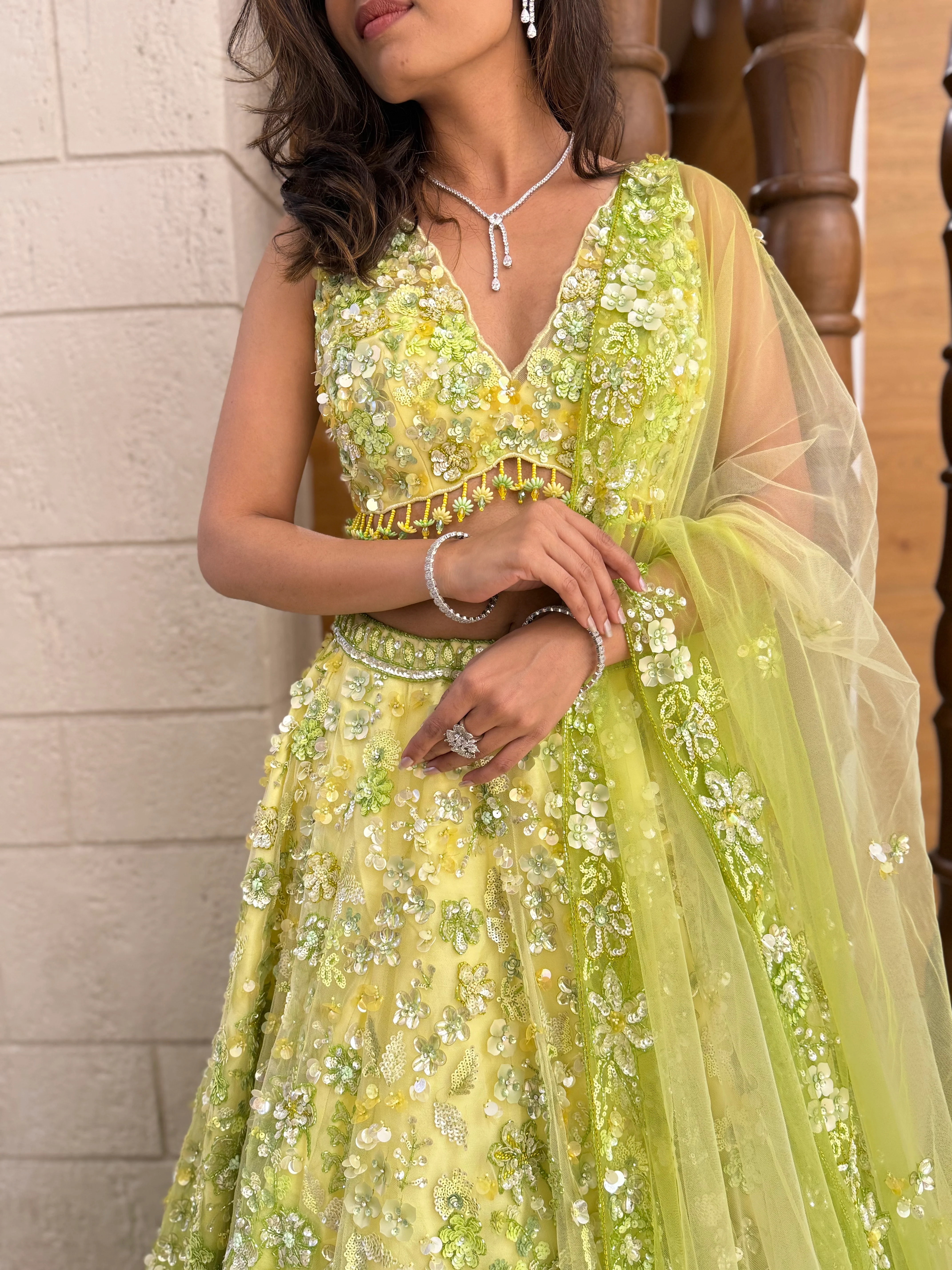 Lime Green Floral Embroidered Net Lehenga with Sequin Work & Matching Dupatta - Image 2