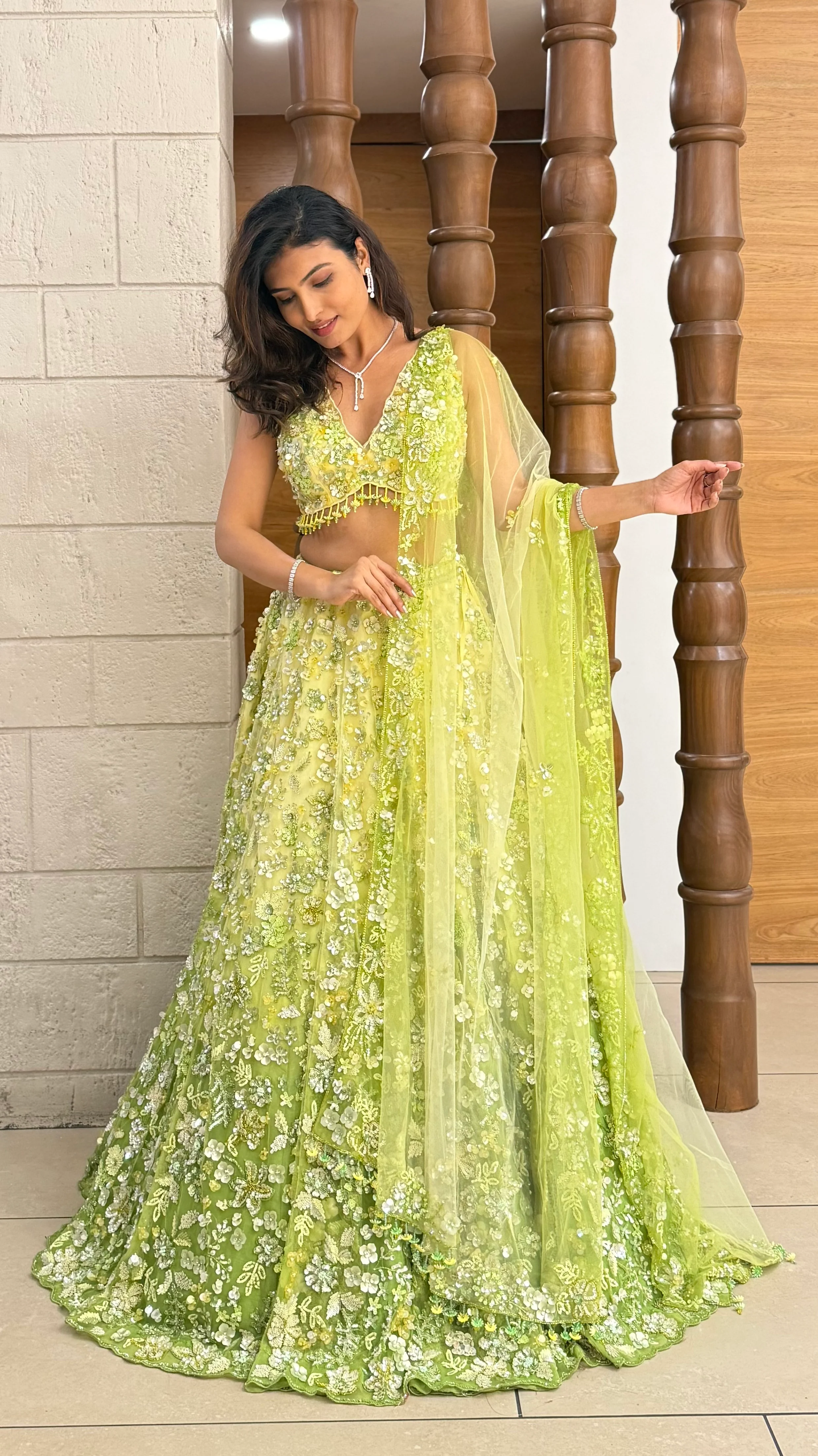 Lime Green Floral Embroidered Net Lehenga with Sequin Work & Matching Dupatta - Image 4