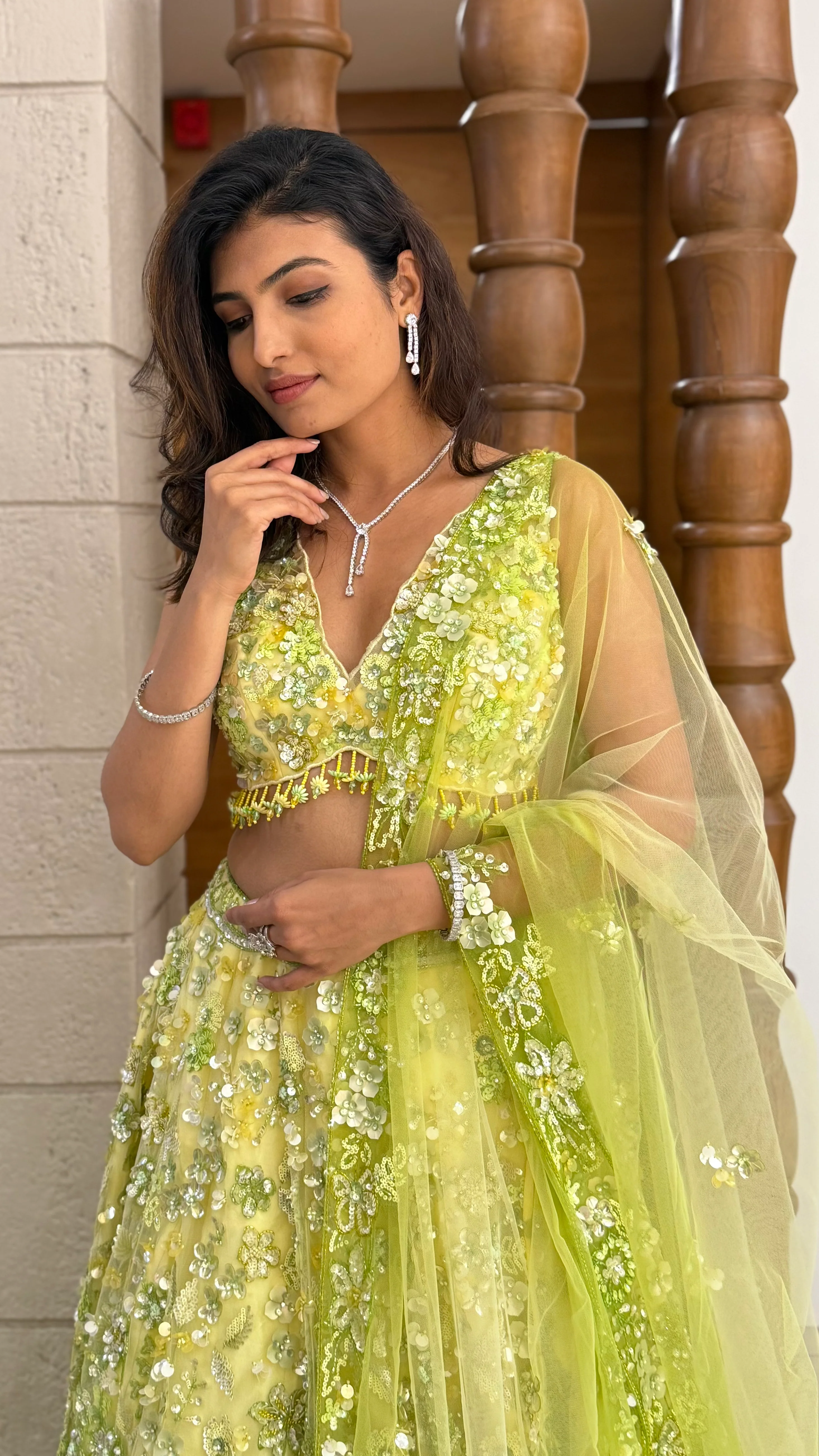 Lime Green Floral Embroidered Net Lehenga with Sequin Work & Matching Dupatta - Image 5
