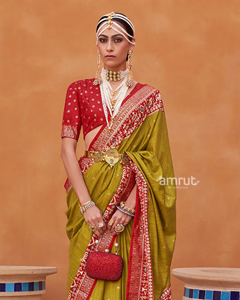 Lime Green Zari Weaving Red Border Saree in Patola Silk with Unstitched Blouse - Image 2