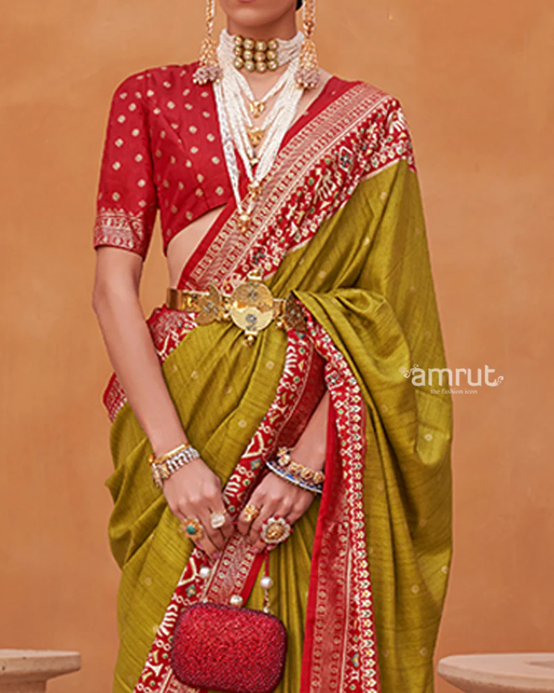 Lime Green Zari Weaving Red Border Saree in Patola Silk with Unstitched Blouse - Image 3