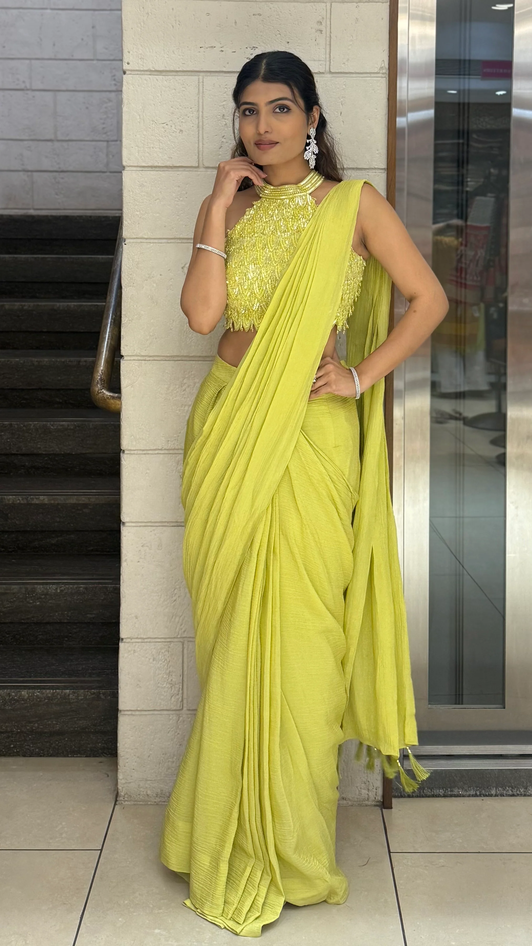 Lime Yellow Crinkle Pre-Draped Saree with Hand-Embroidered Halter Neck Blouse - Image 3