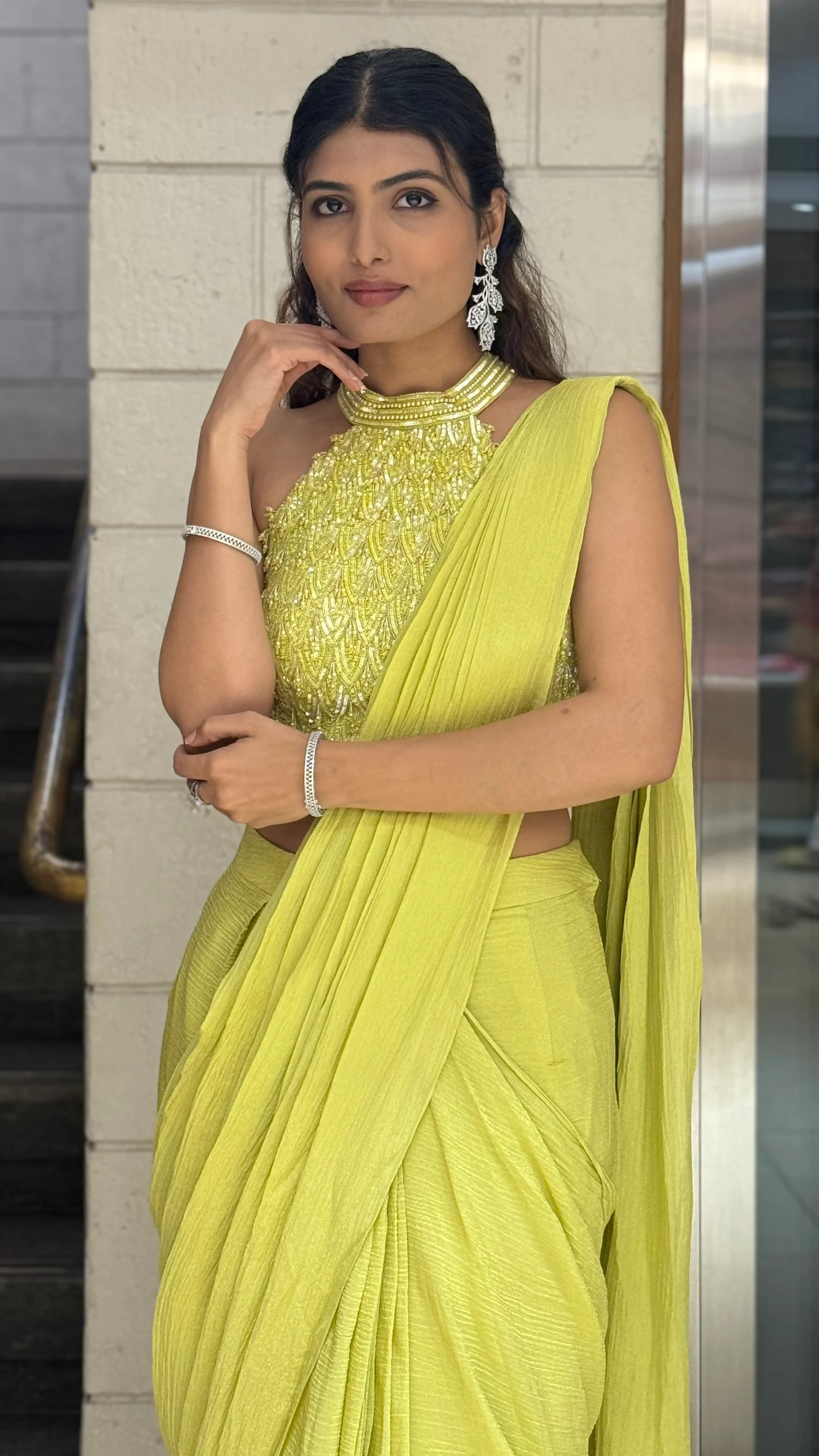 Lime Yellow Crinkle Pre-Draped Saree with Hand-Embroidered Halter Neck Blouse - Image 4