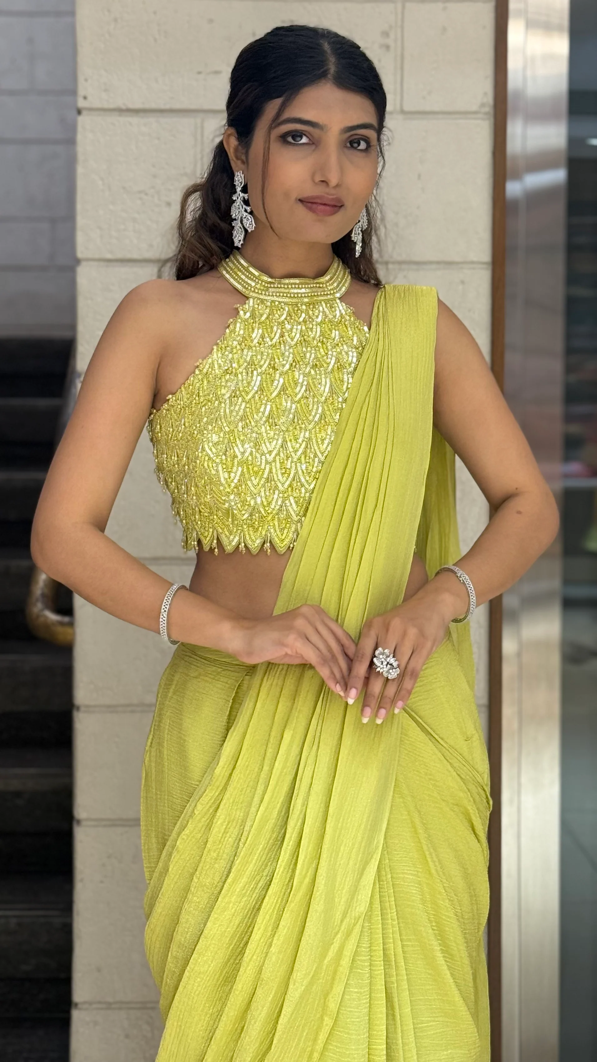 Lime Yellow Crinkle Pre-Draped Saree with Hand-Embroidered Halter Neck Blouse - Image 5