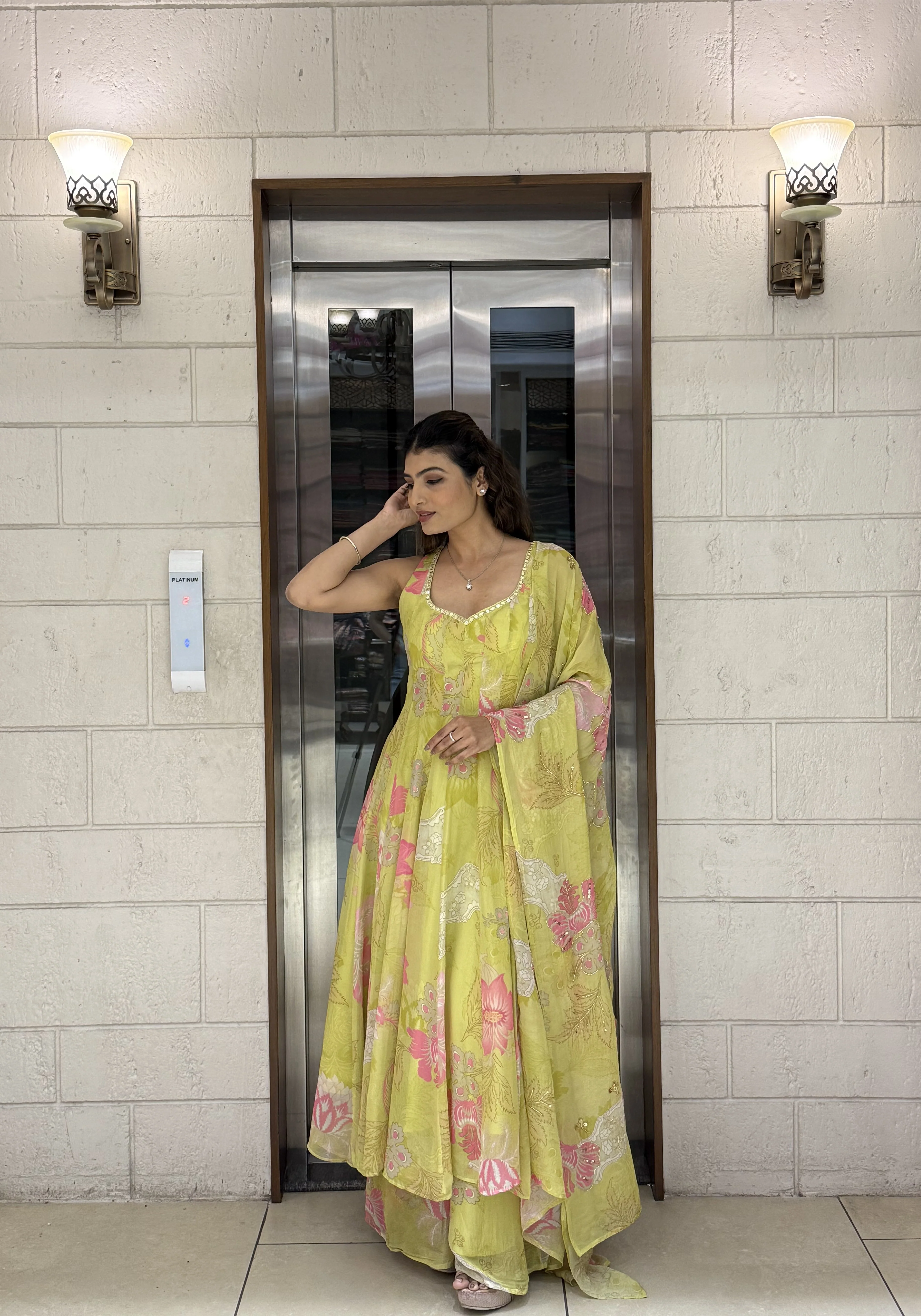 Lime Yellow Floral Anarkali Set with Palazzo Pants and Dupatta - Image 2