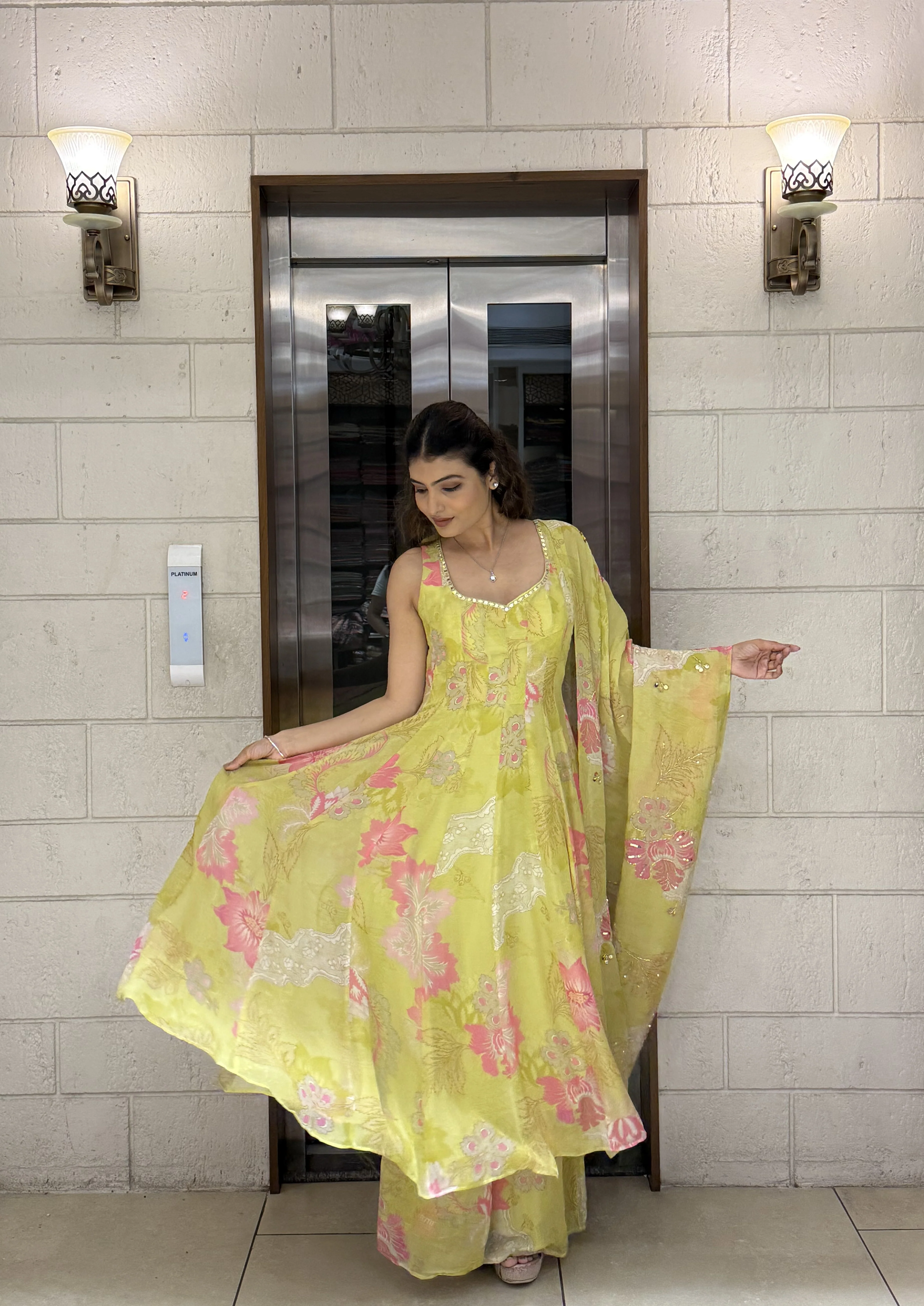 Lime Yellow Floral Anarkali Set with Palazzo Pants and Dupatta - Image 3