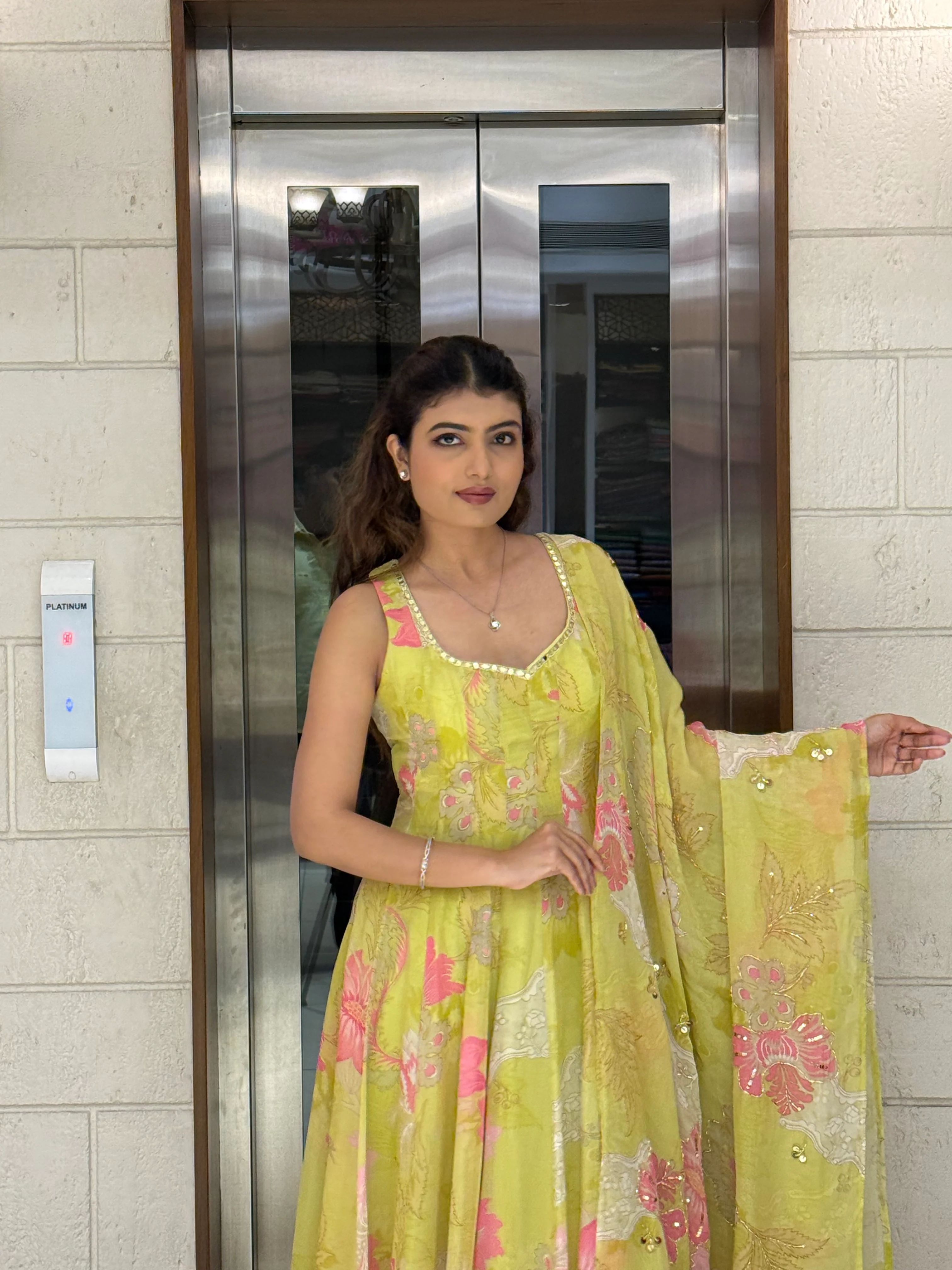 Lime Yellow Floral Anarkali Set with Palazzo Pants and Dupatta - Image 4