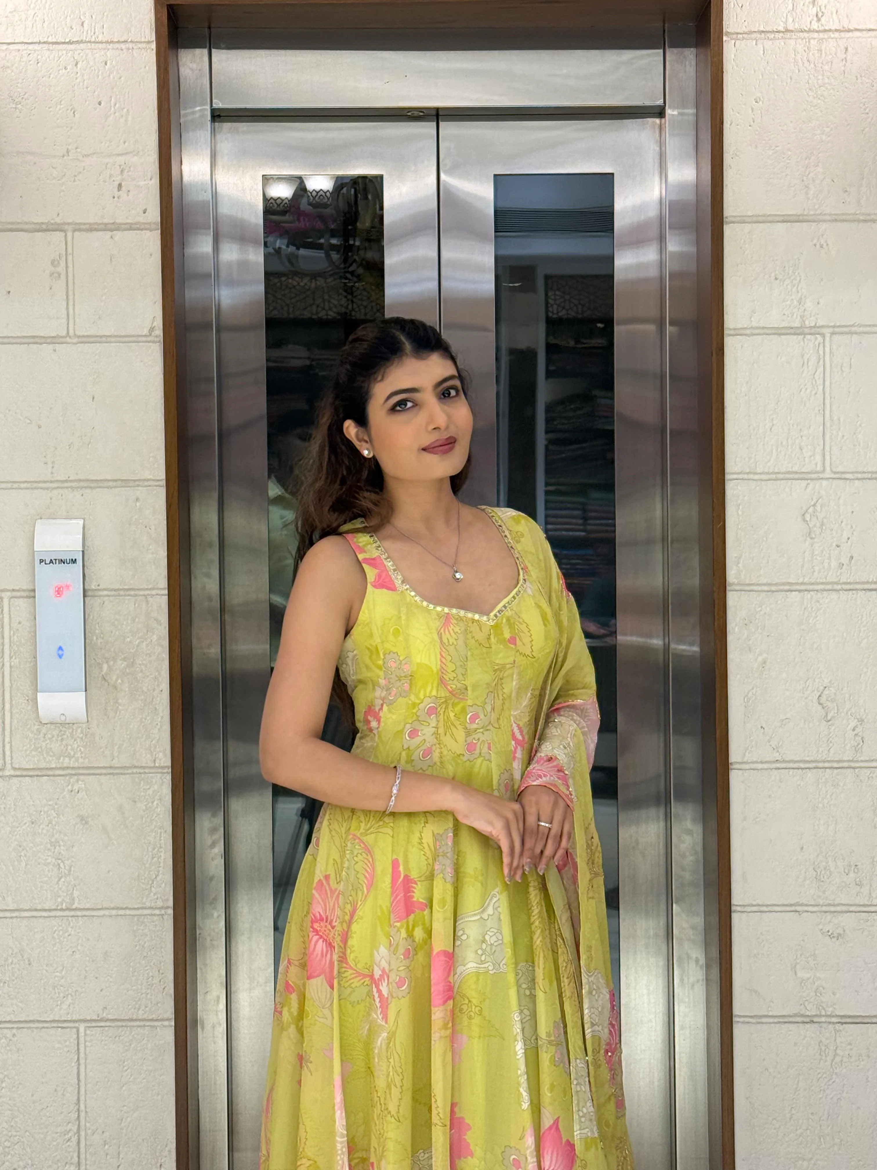 Lime Yellow Floral Anarkali Set with Palazzo Pants and Dupatta - Image 5