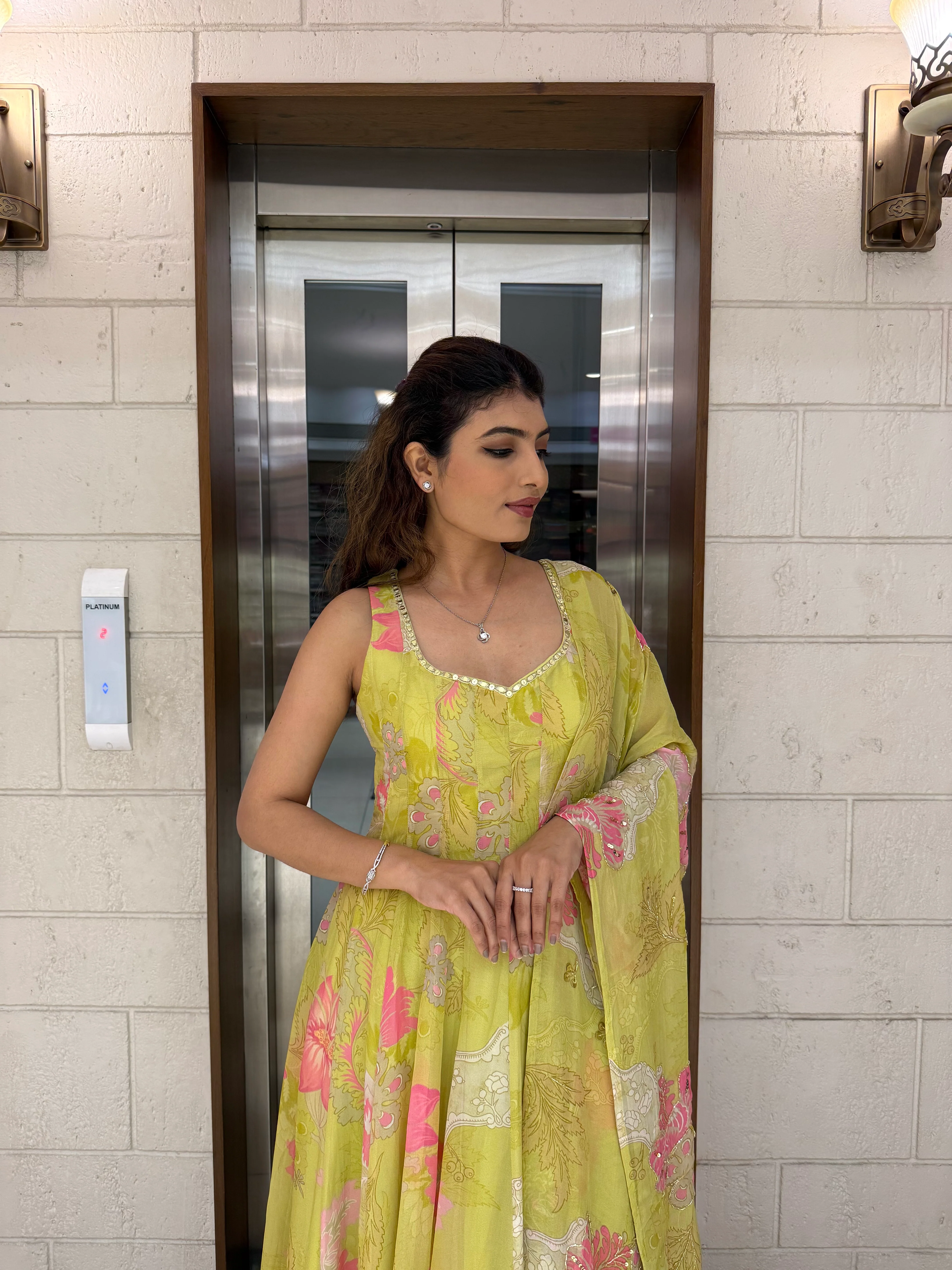 Lime Yellow Floral Anarkali Set with Palazzo Pants and Dupatta - Image 6