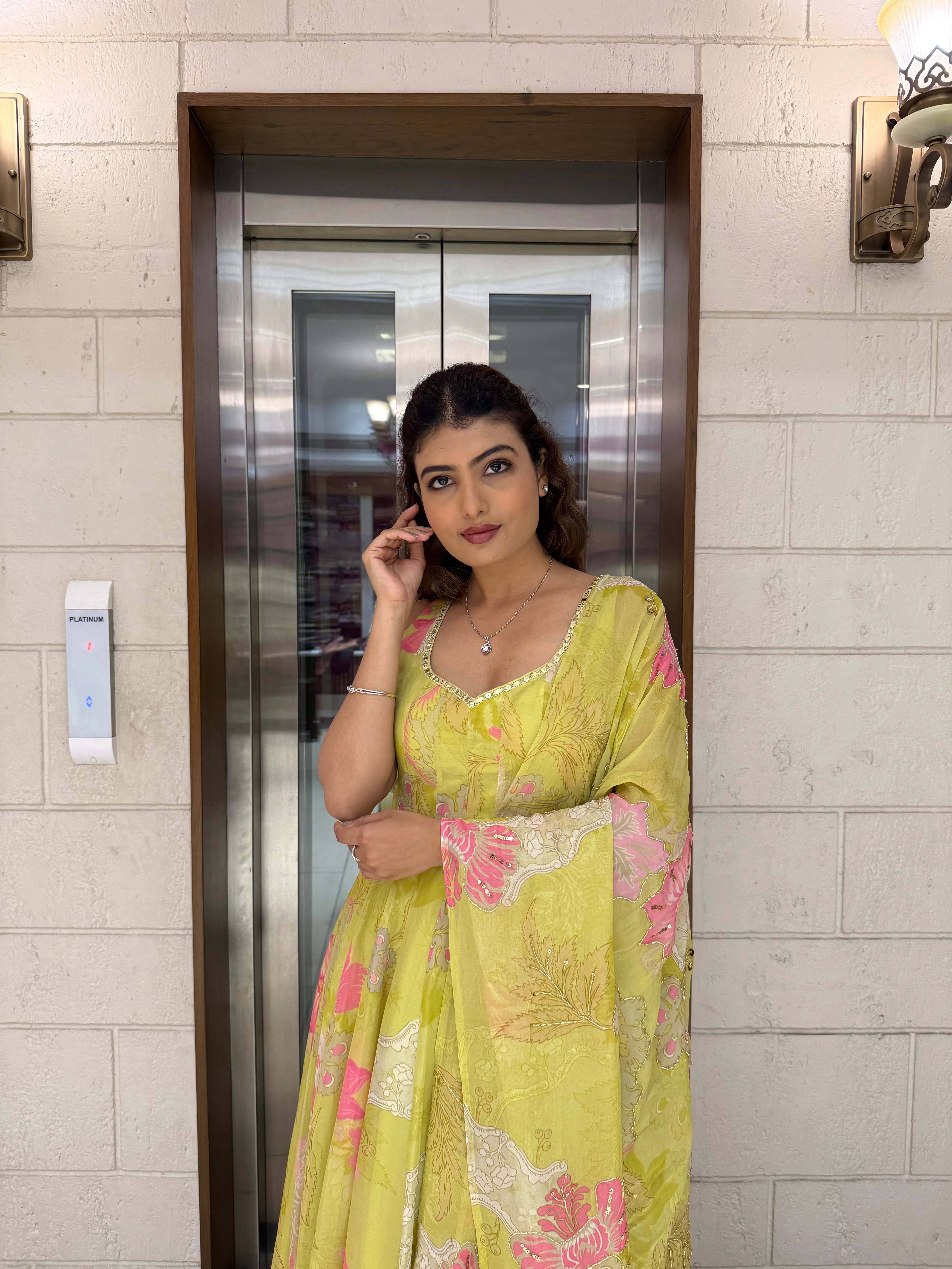 Lime Yellow Floral Anarkali Set with Palazzo Pants and Dupatta - Image 7