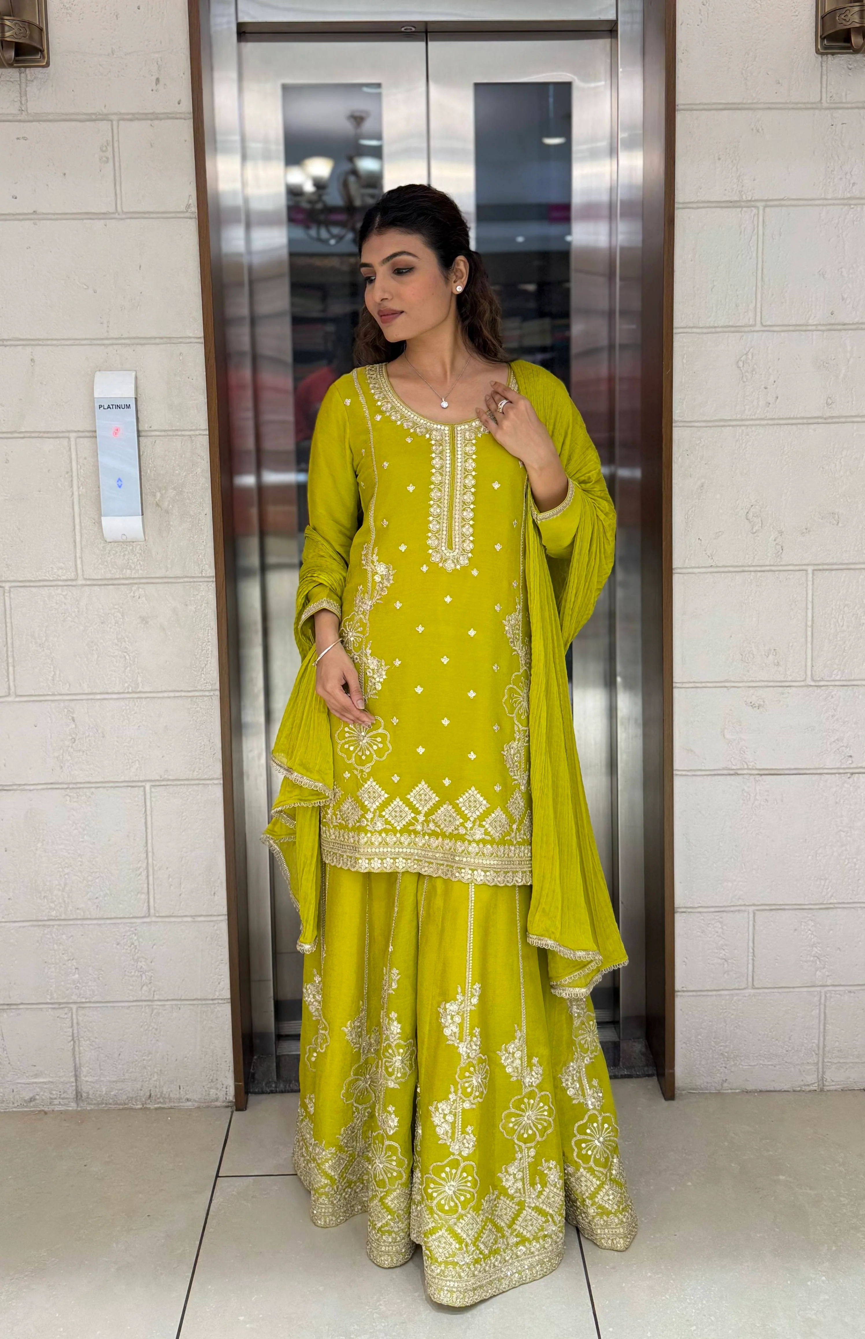 Lime Yellow Georgette Embroidered Sharara Set with Gota & Mirror Work - Image 3