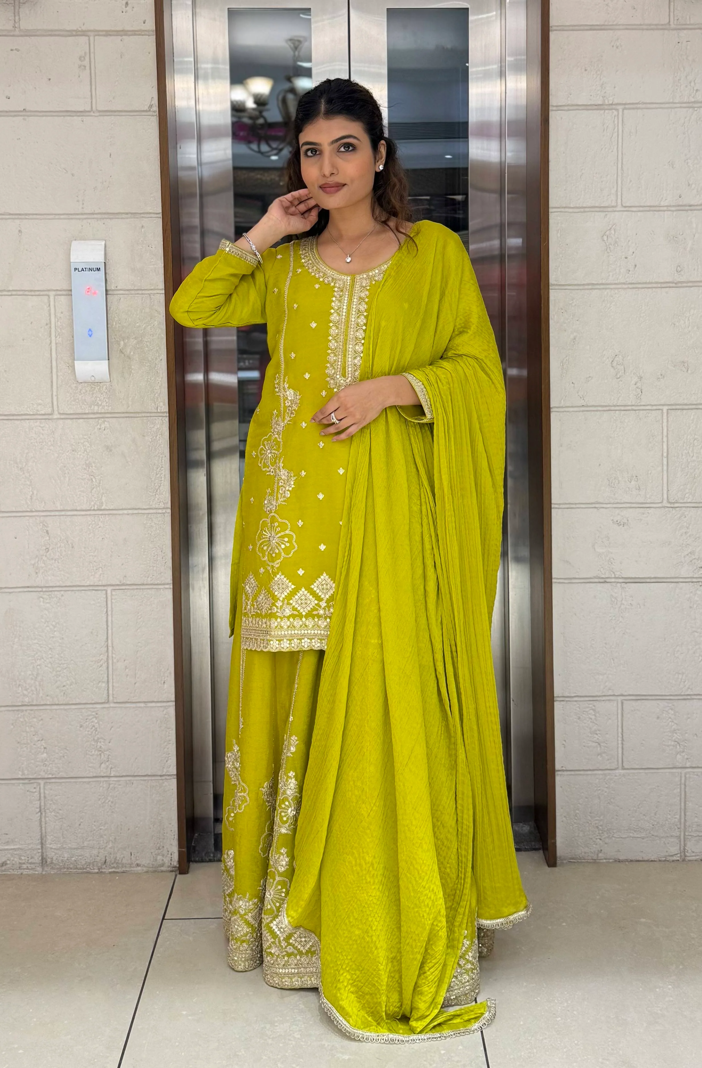 Lime Yellow Georgette Embroidered Sharara Set with Gota & Mirror Work - Image 4