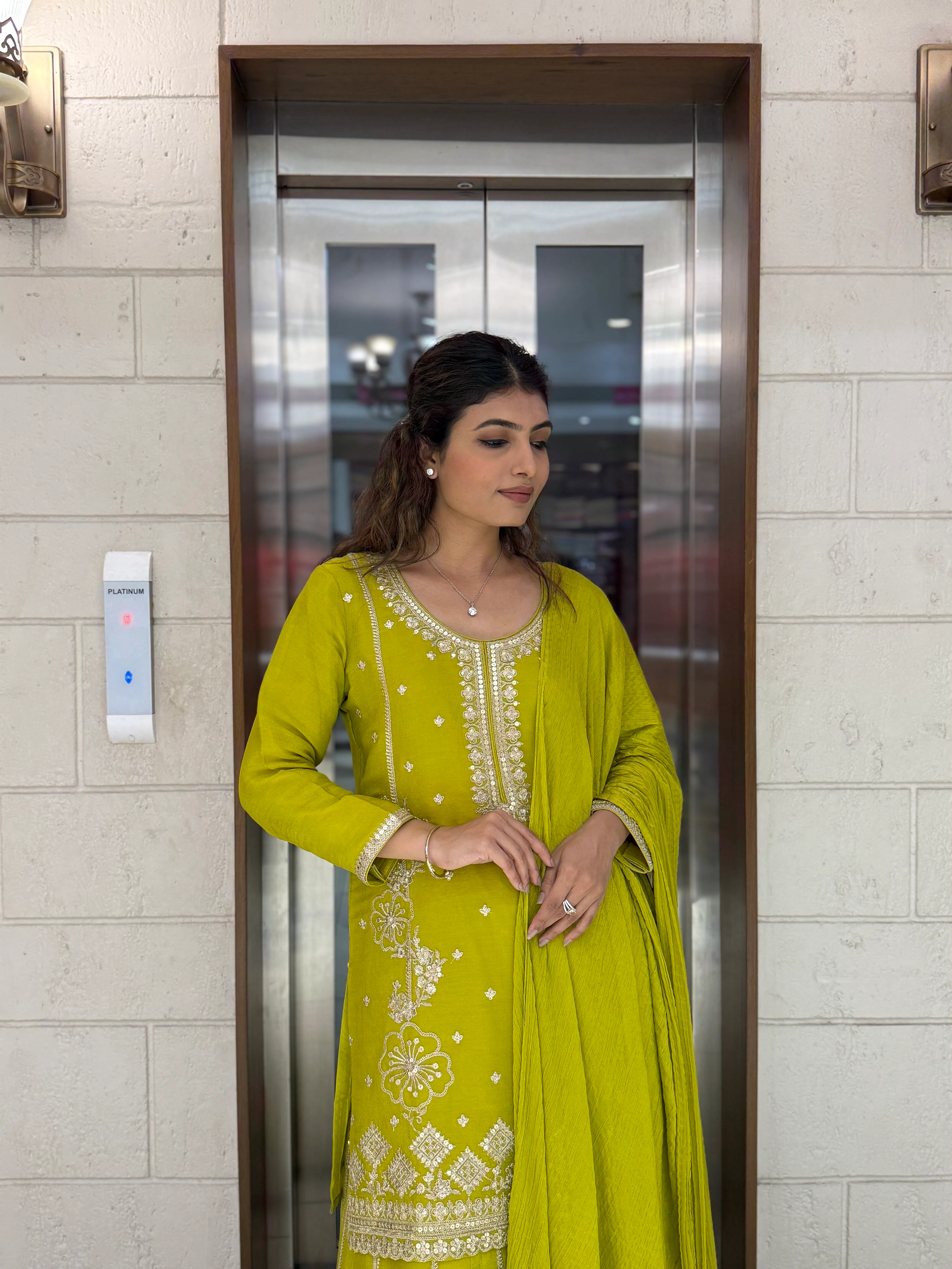 Lime Yellow Georgette Embroidered Sharara Set with Gota & Mirror Work - Image 5