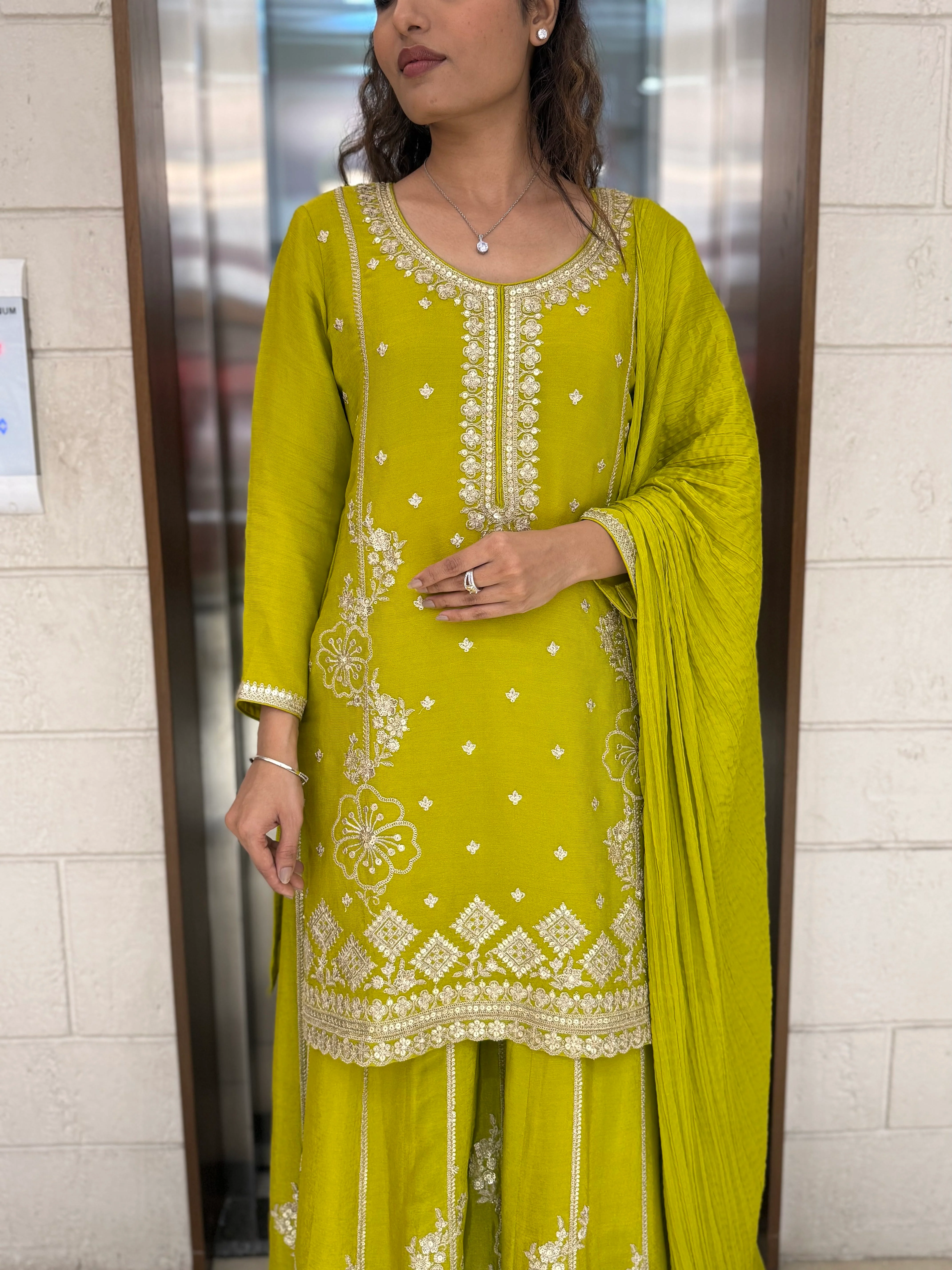 Lime Yellow Georgette Embroidered Sharara Set with Gota & Mirror Work - Image 6