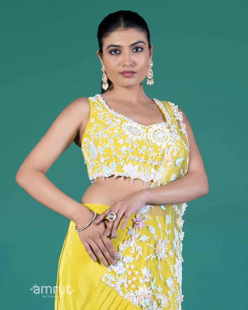 Lime Yellow Ready-to-Wear Saree with Embroidered Crop Blouse - Image 2