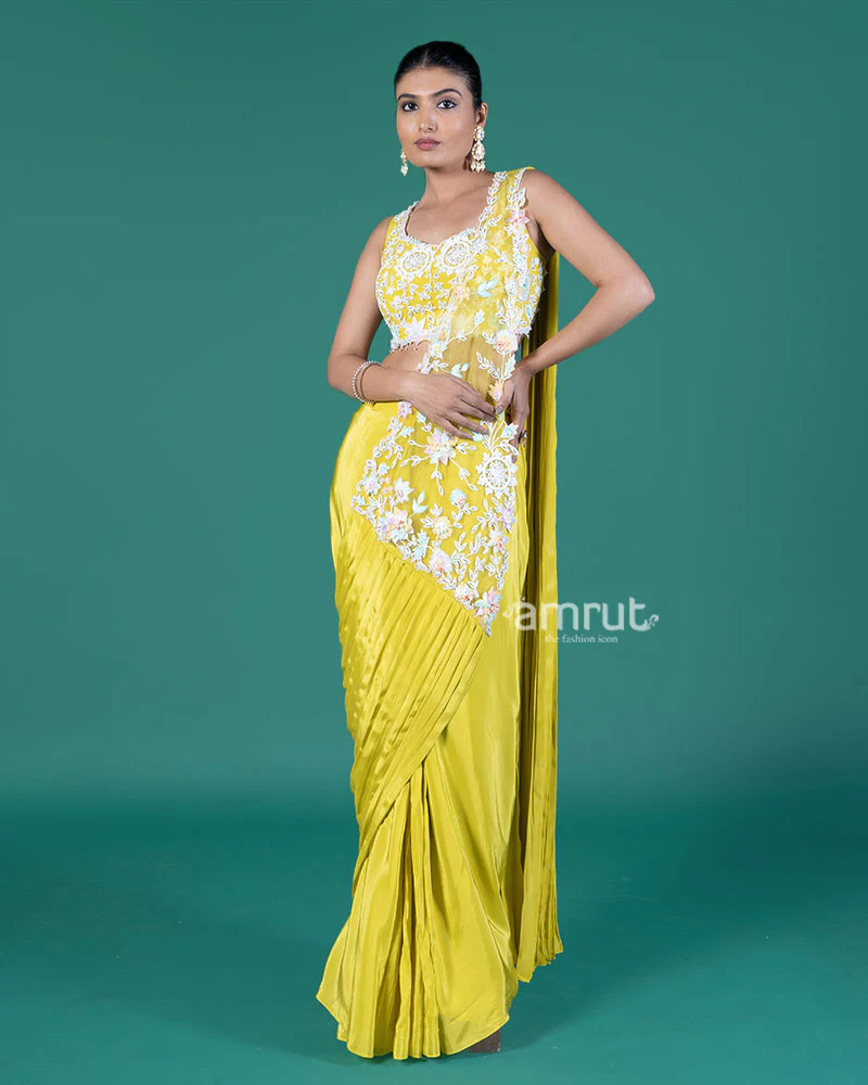 Lime Yellow Ready-to-Wear Saree with Embroidered Crop Blouse - Image 4
