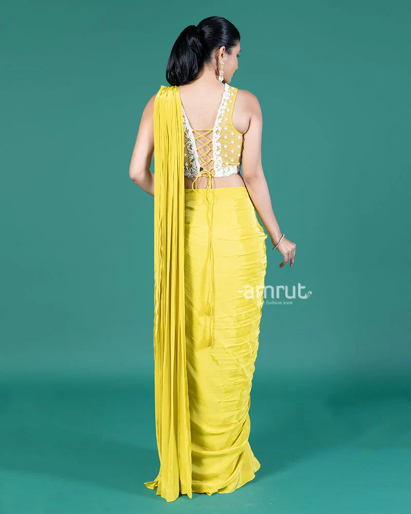 Lime Yellow Ready-to-Wear Saree with Embroidered Crop Blouse - Image 5