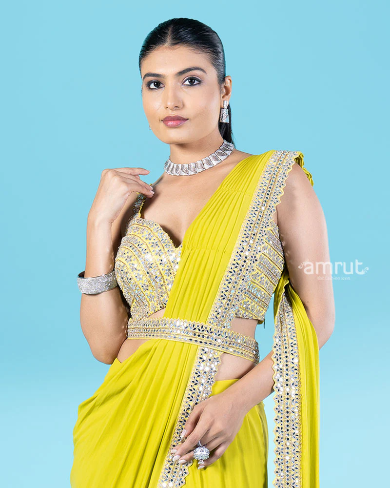 Lime Yellow Ready-to-Wear Saree with Mirror Embellished Blouse and Belt - Image 2