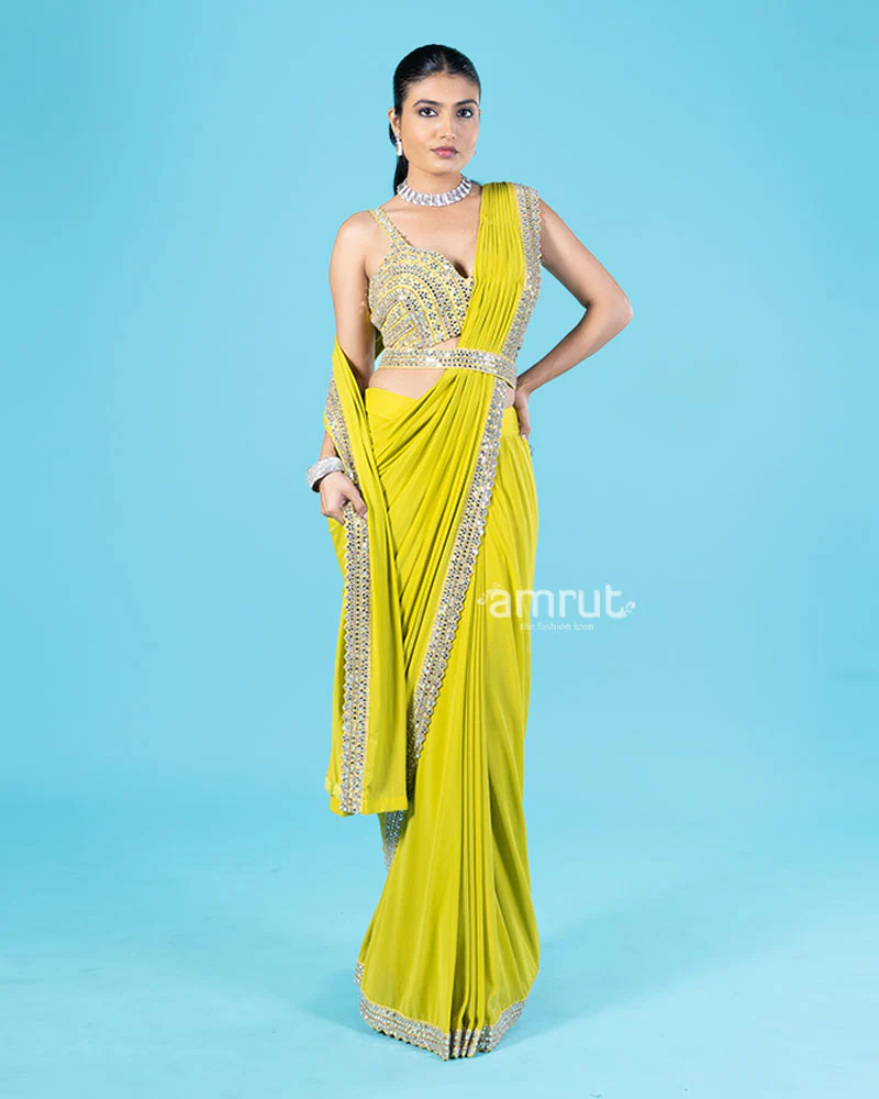 Lime Yellow Ready-to-Wear Saree with Mirror Embellished Blouse and Belt - Image 4