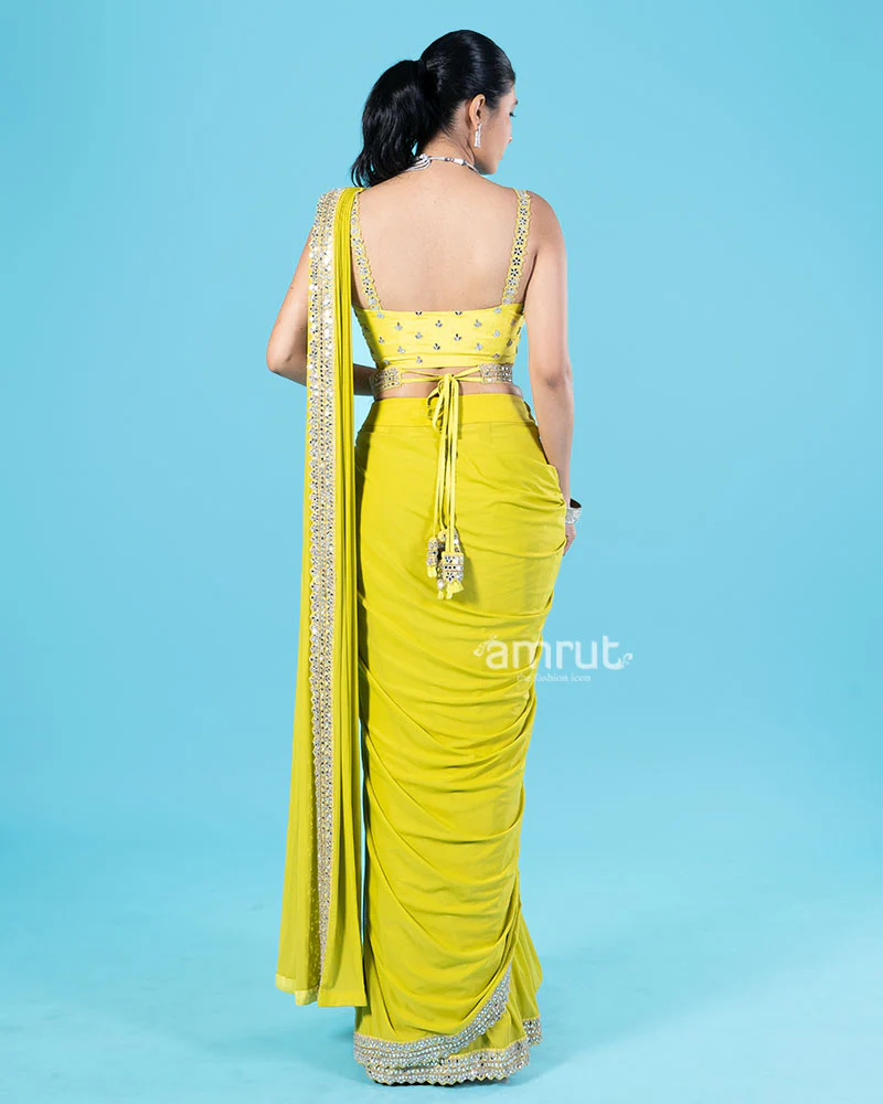 Lime Yellow Ready-to-Wear Saree with Mirror Embellished Blouse and Belt - Image 5