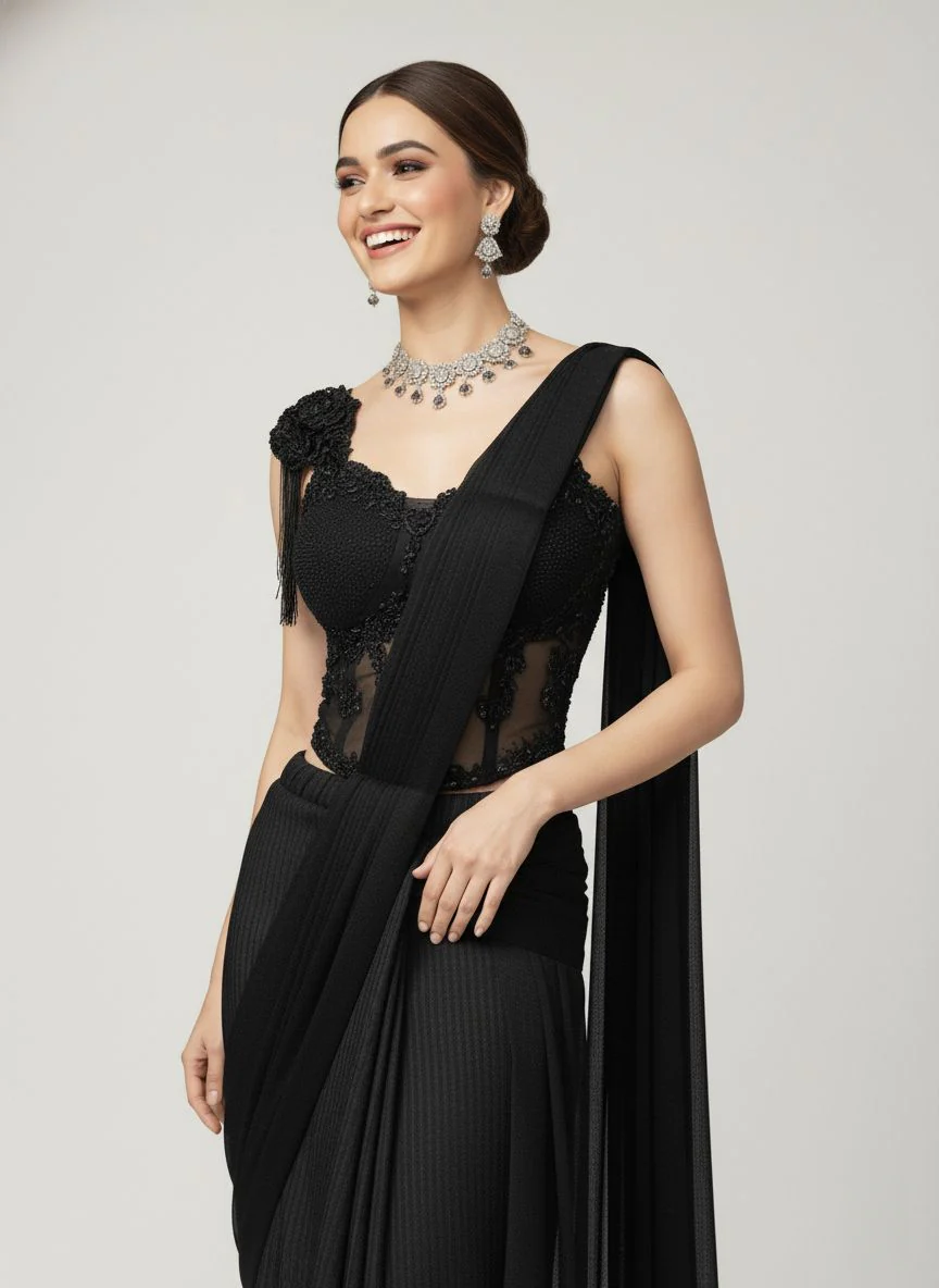 Luxury Black Ready-to-Wear Saree with 3D Floral Embroidered Blouse - Image 3